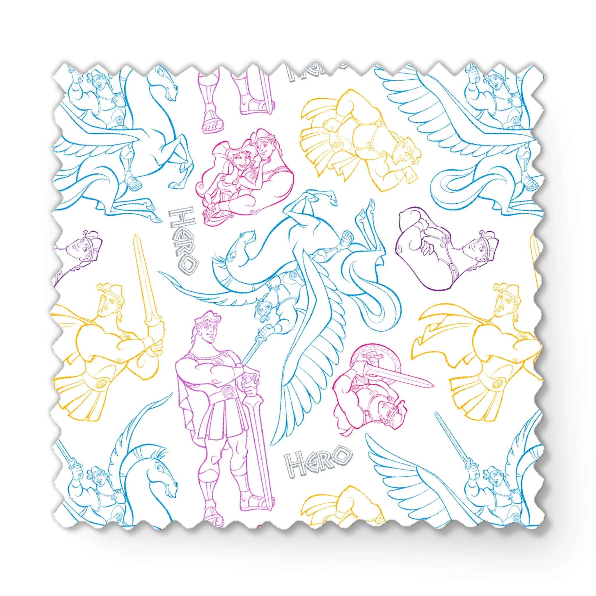 Colorful line art drawings of Hercules characters in blue, purple, and yellow outlines fabric swatch mockup