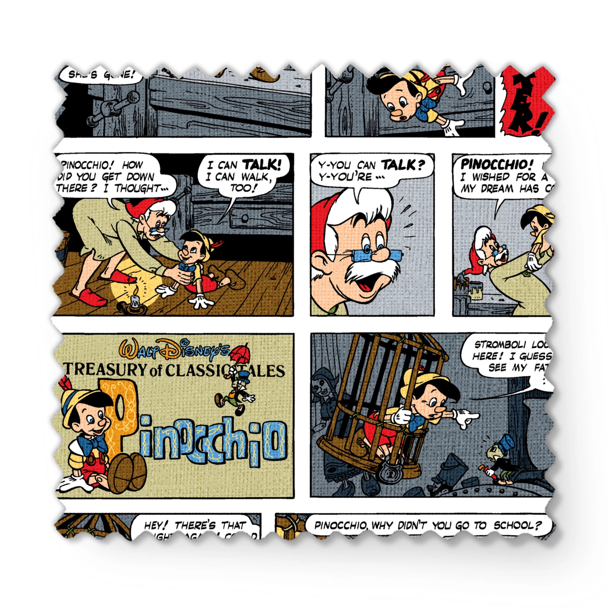 Comic strip collage featuring multiple panels from vintage comics with colorful characters, speech bubbles, and various cartoon scenes arranged in a grid pattern. fabric swatch mockup