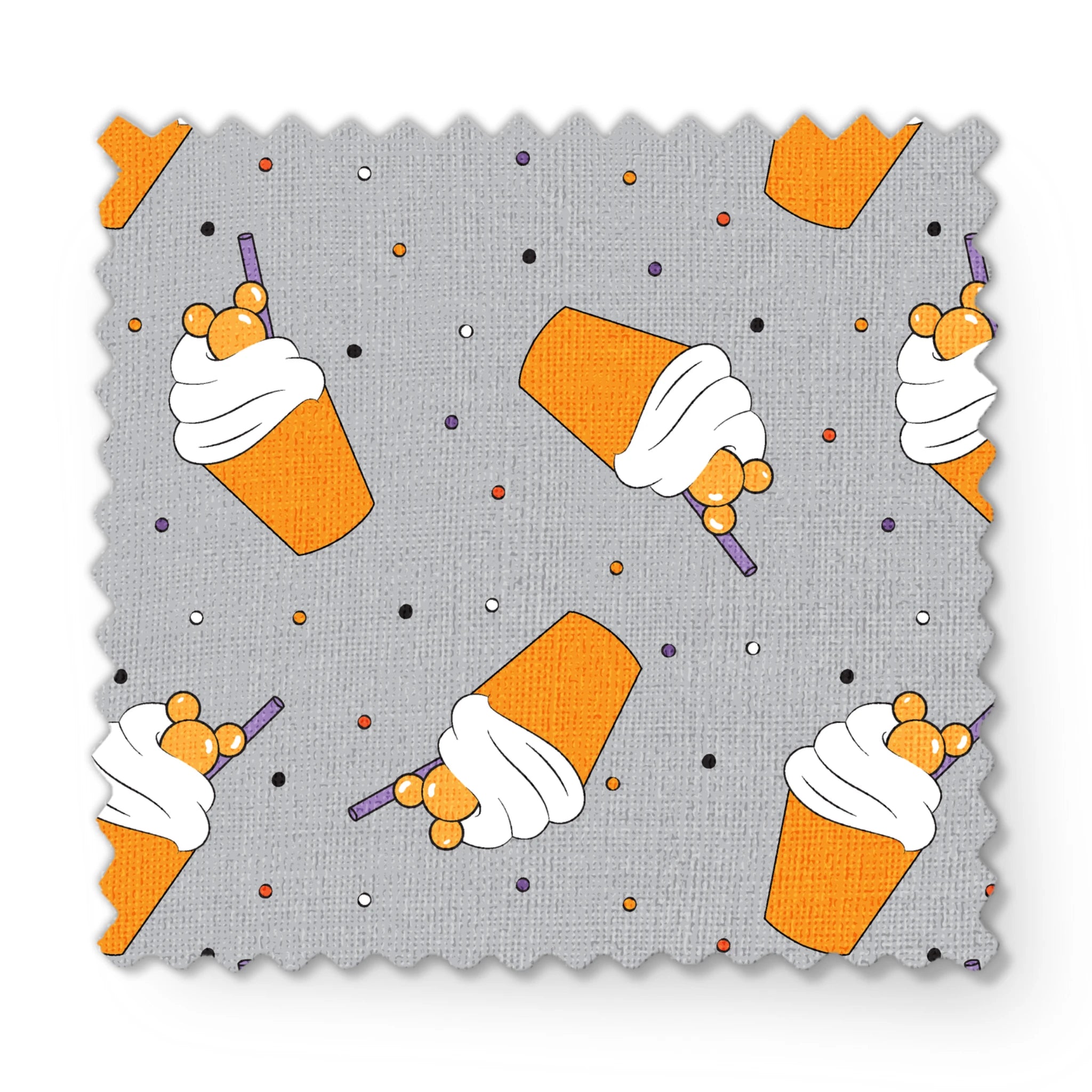 Orange Disney-inspired drinks with whipped cream and purple straws on gray background with colorful dots fabric swatch mockup