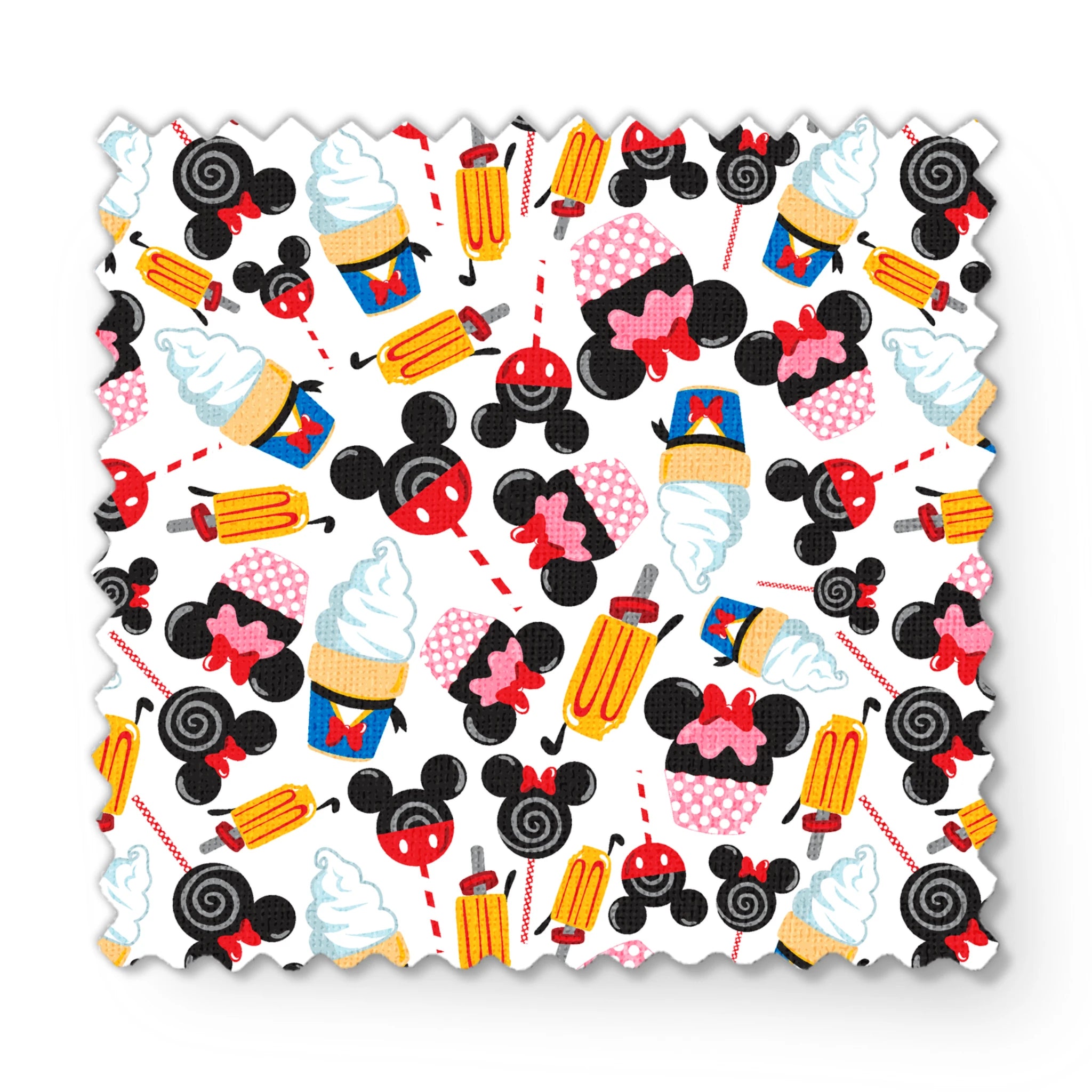 Disney-inspired pattern with ice cream cones and colorful swirled decorative elements on white background fabric swatch mockup