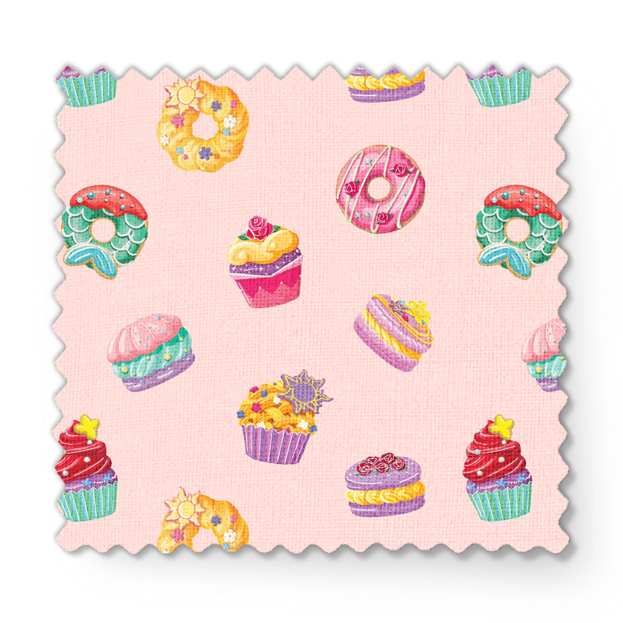 DIsney Princess-inspired dessert pattern with donuts, cupcakes, and macarons on a light pink background fabric swatch mockup