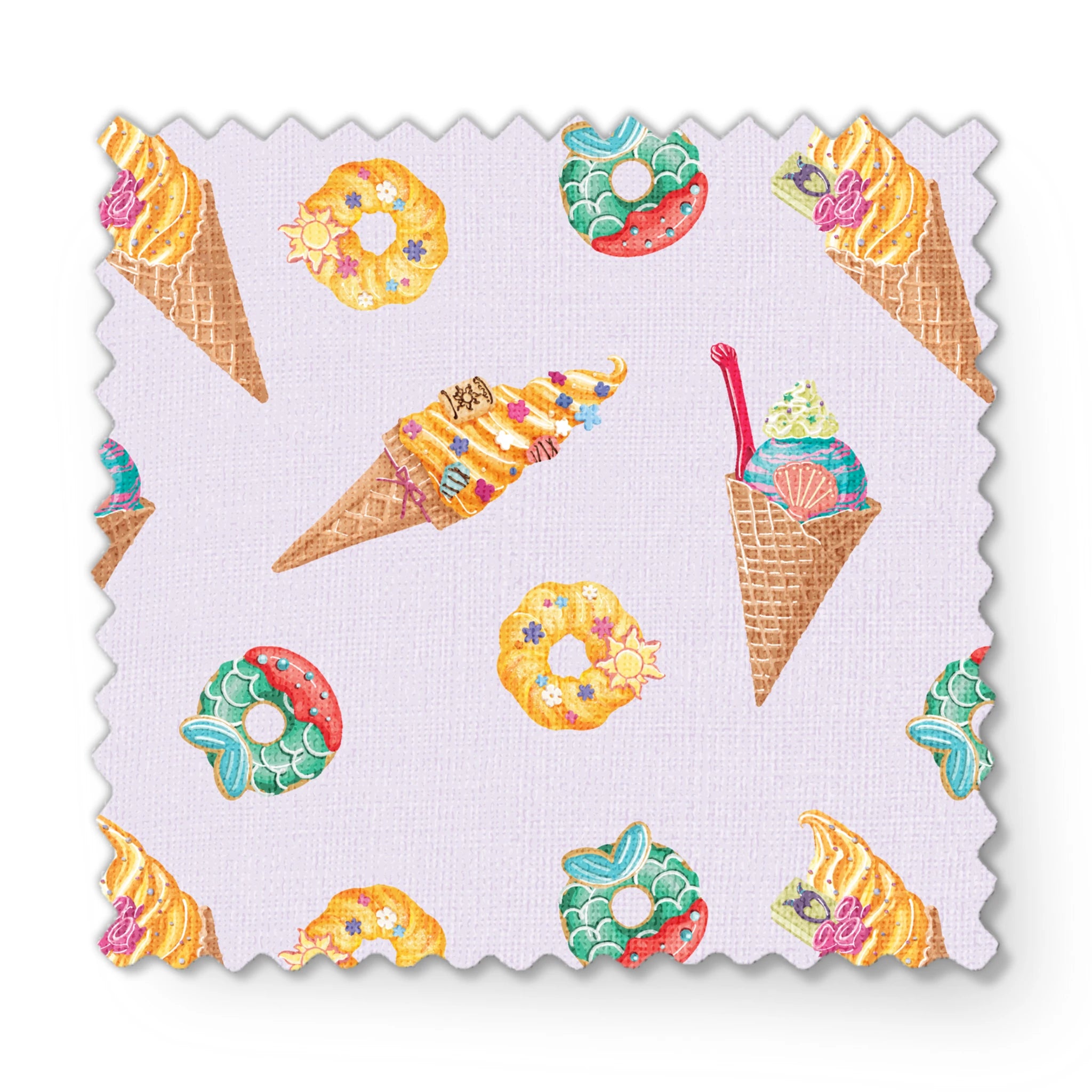 Colorful Disney Princess-inspired ice cream cones and donuts in pastel colors on light purple background fabric swatch mockup