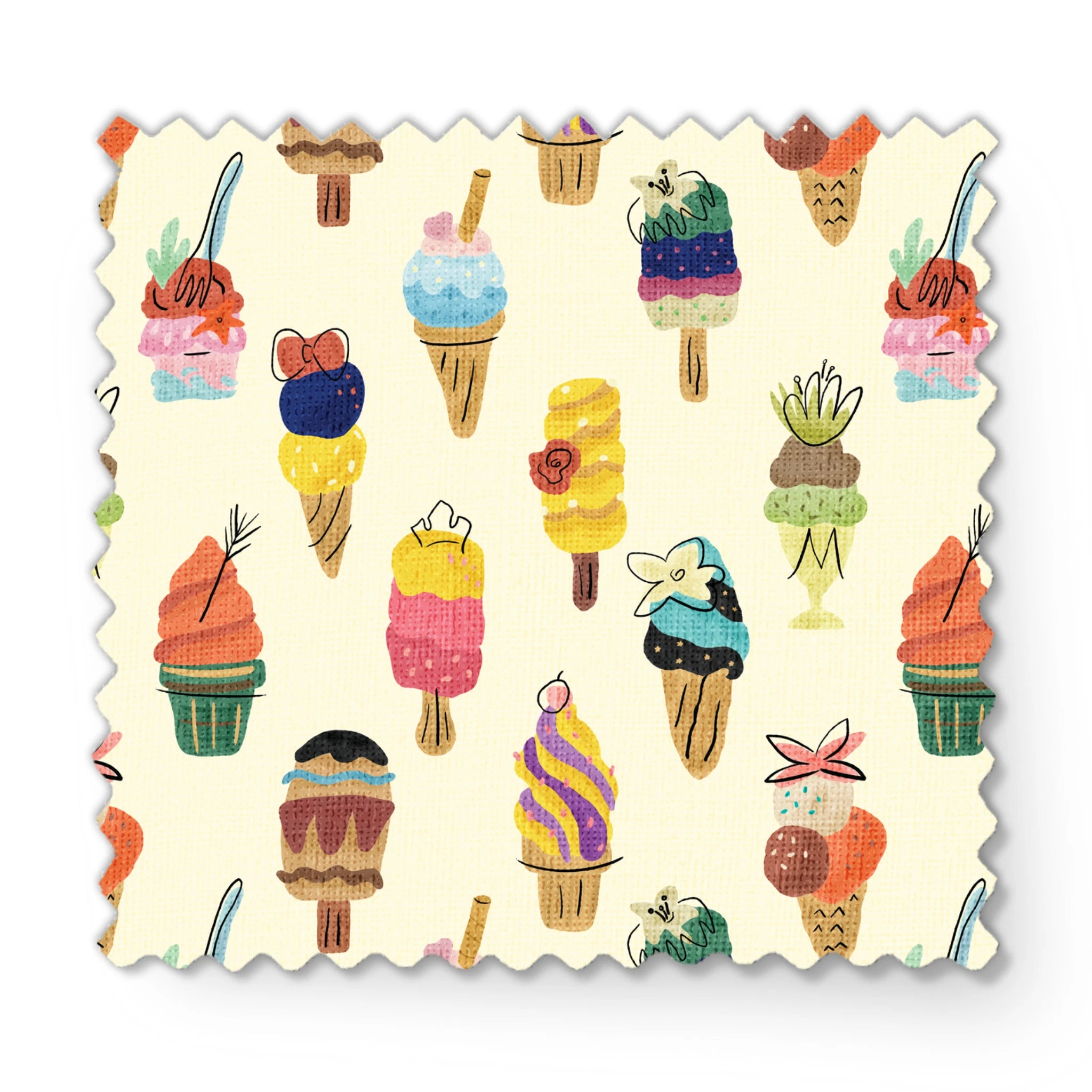 Colorful illustration of Disney Princess-inspired ice cream desserts including cones, popsicles, and sundaes with decorative toppings fabric swatch mockup