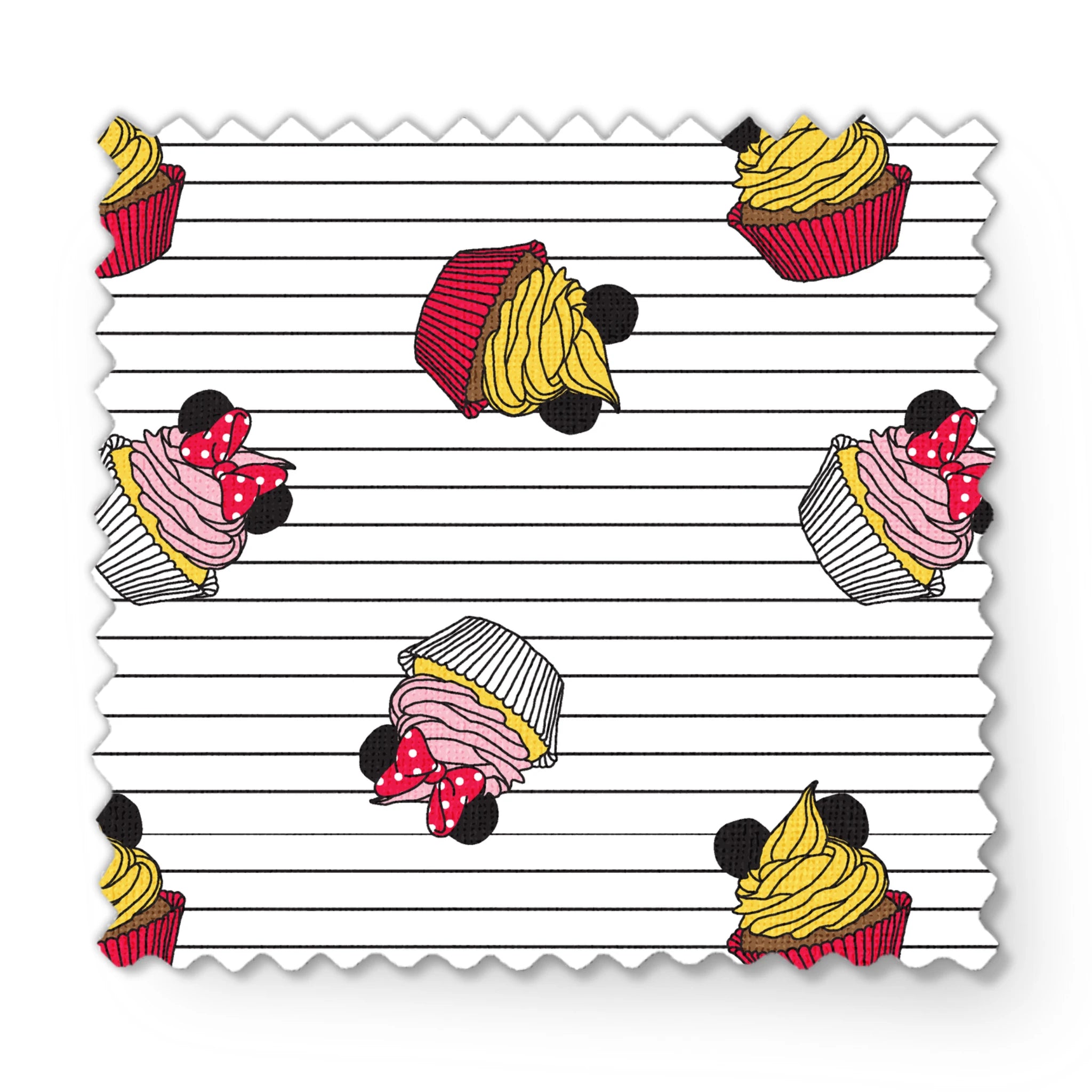 Colorful cartoon cupcakes with Mickey Mouse ears and bows scattered on striped background fabric swatch mockup