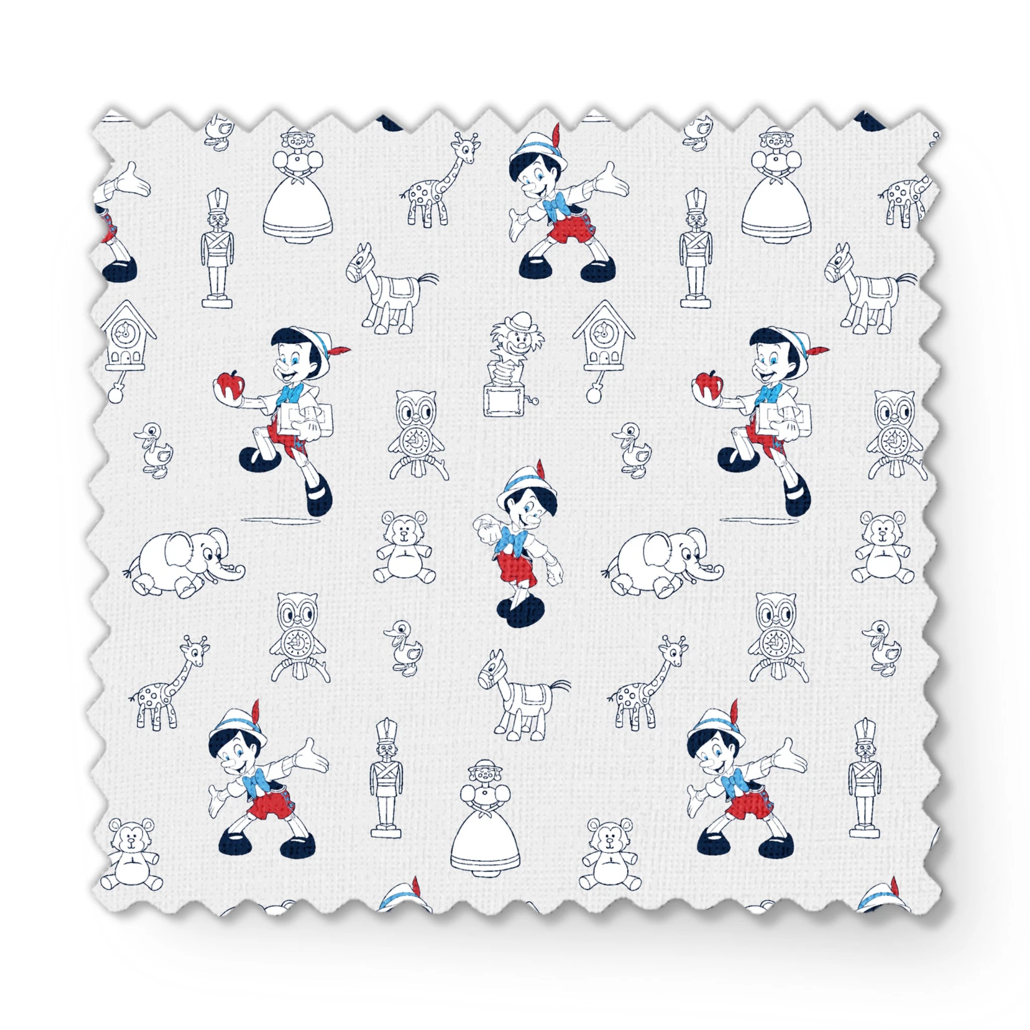 Pattern of vintage cartoon characters including Pinocchio and assorted animals on a light background with red and blue accents fabric swatch mockup