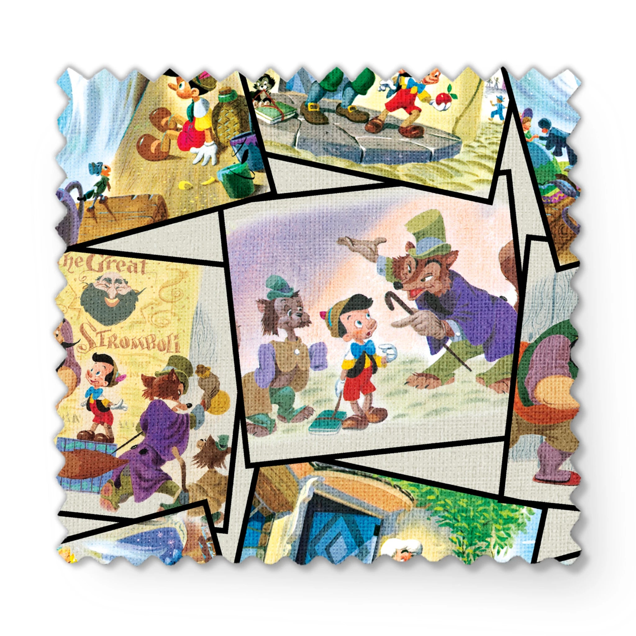 Colorful collage of Pinocchio scenes showing the wooden puppet, Geppetto, and other characters from the classic fairy tale. fabric swatch mockup
