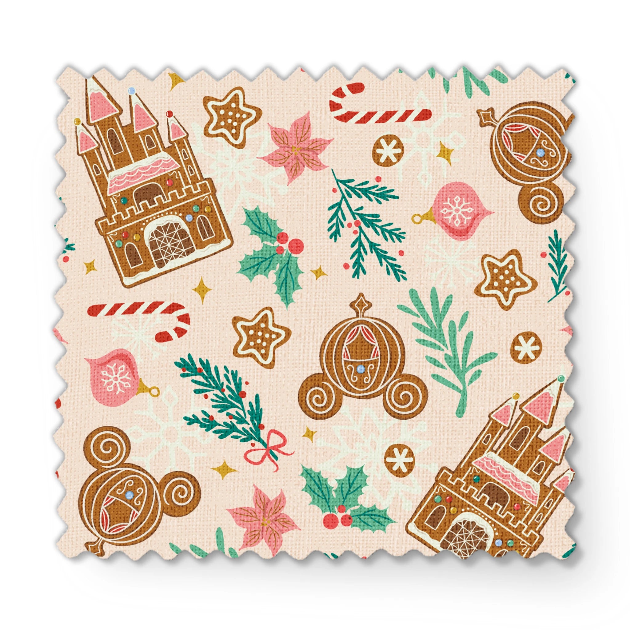 Disney Christmas pattern with gingerbread castles, carriages, candy canes, stars, and pine sprigs in holiday colors fabric swatch mockup