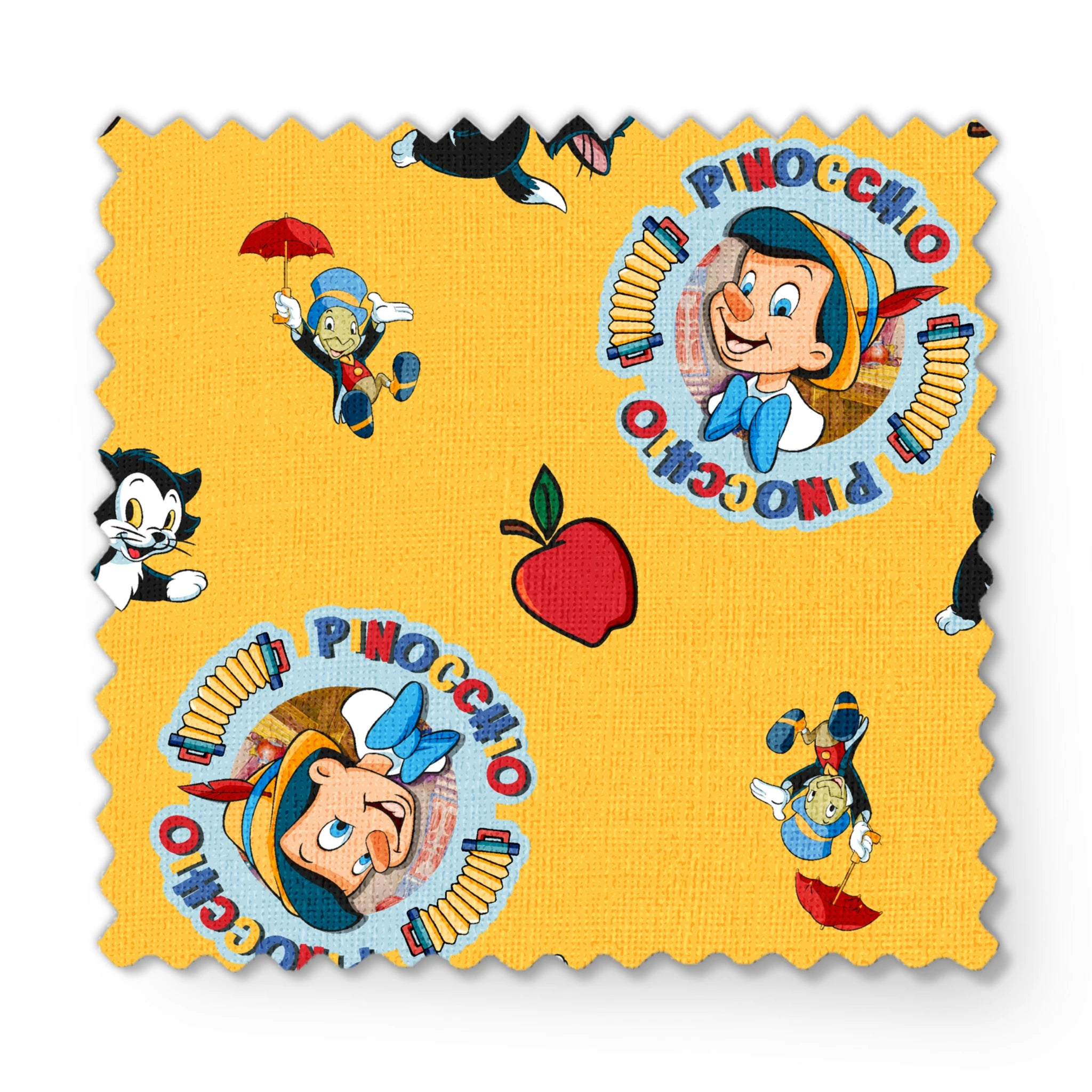 Pinocchio and Disney character pattern on yellow background with circular logos and red apples fabric swatch mockup