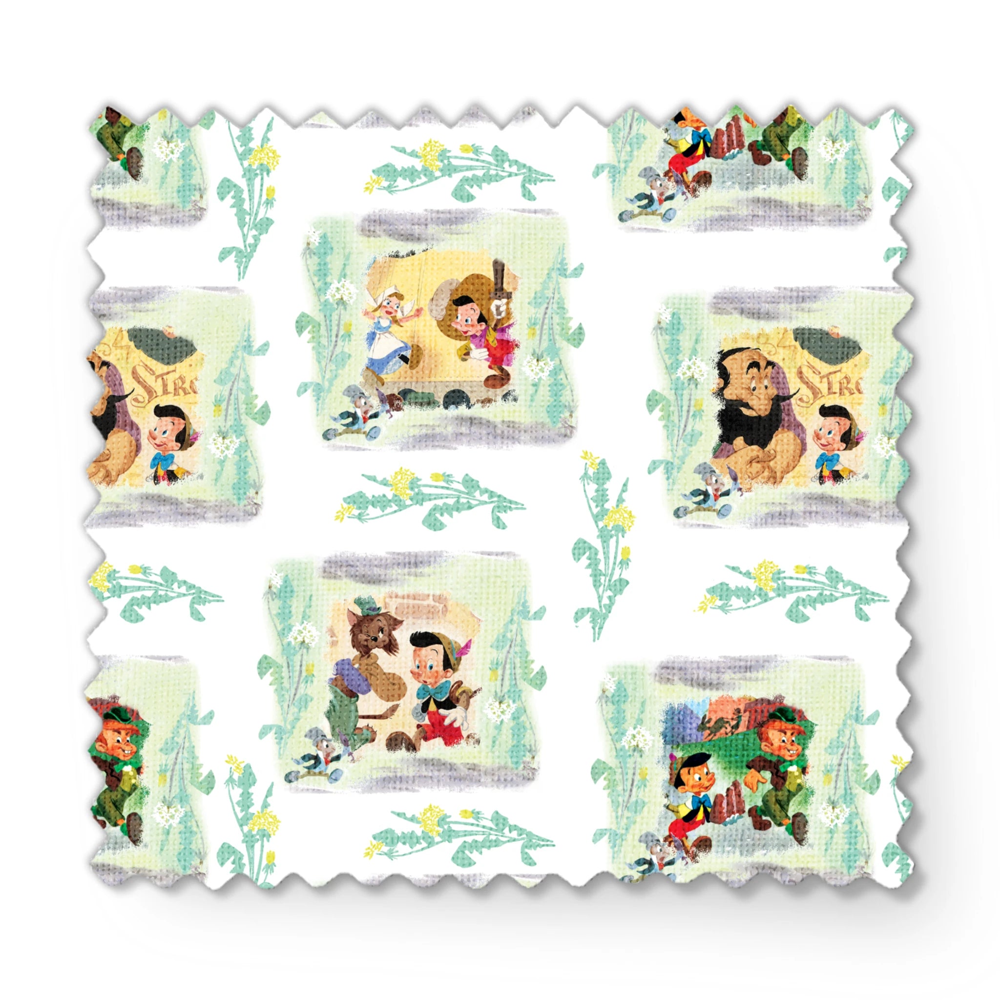 Cartoon pattern featuring Pinocchio characters in framed scenes with decorative greenery on white background fabric swatch mockup
