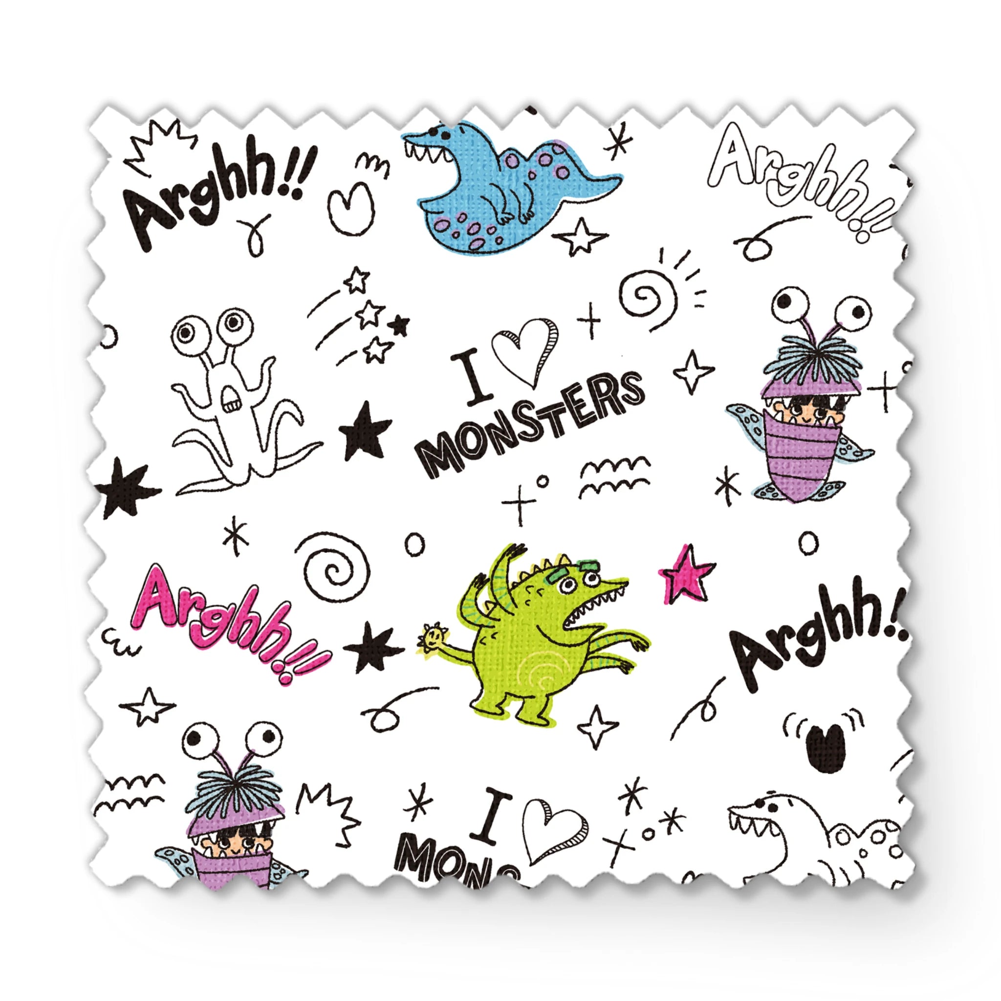 Colorful cartoon monster doodles with "I ♥ MONSTERS" and "Arghh!!" text in playful pattern style fabric swatch mockup