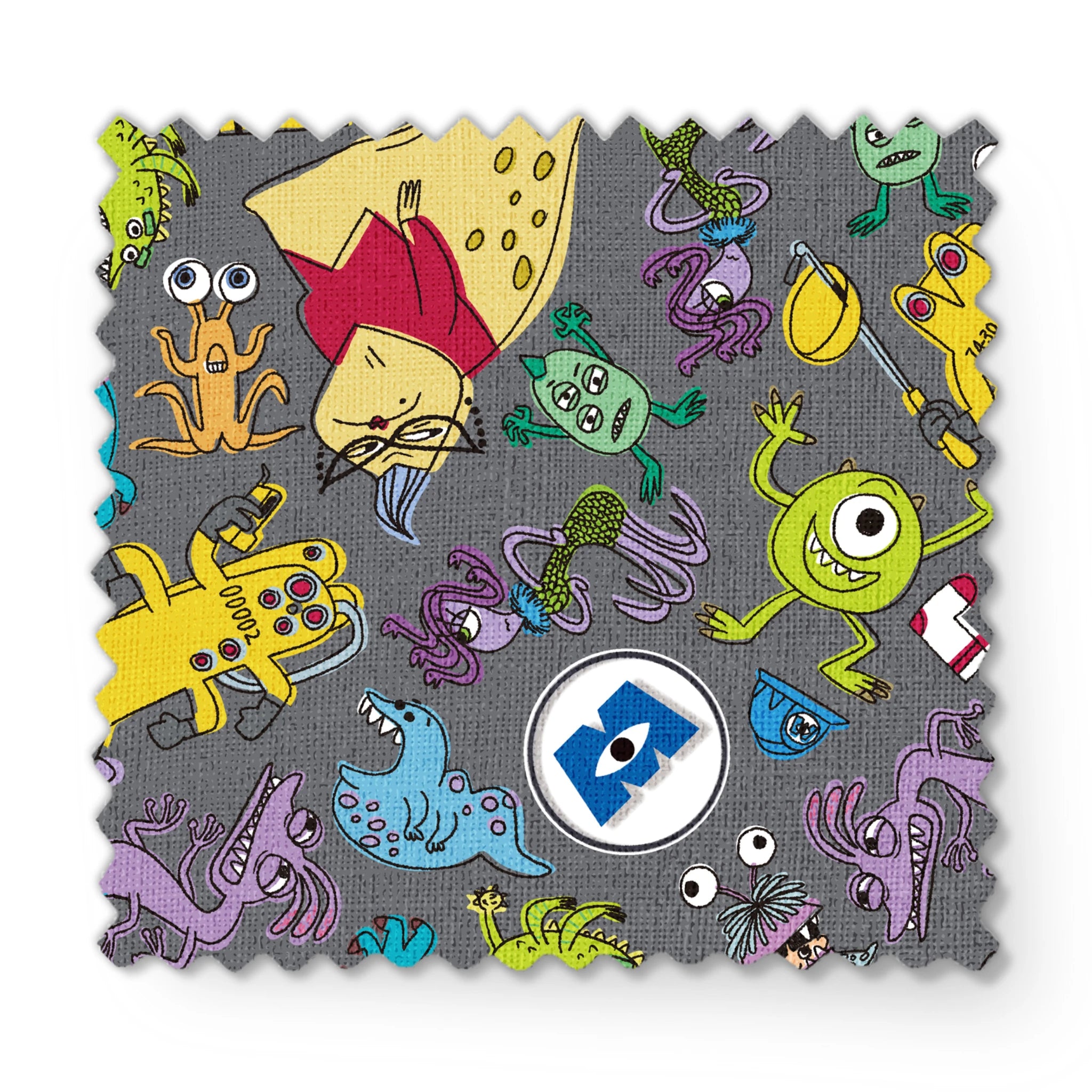 Colorful Monsters Inc pattern with various whimsical creatures in yellow, blue, green, and purple on a gray background. fabric swatch mockup