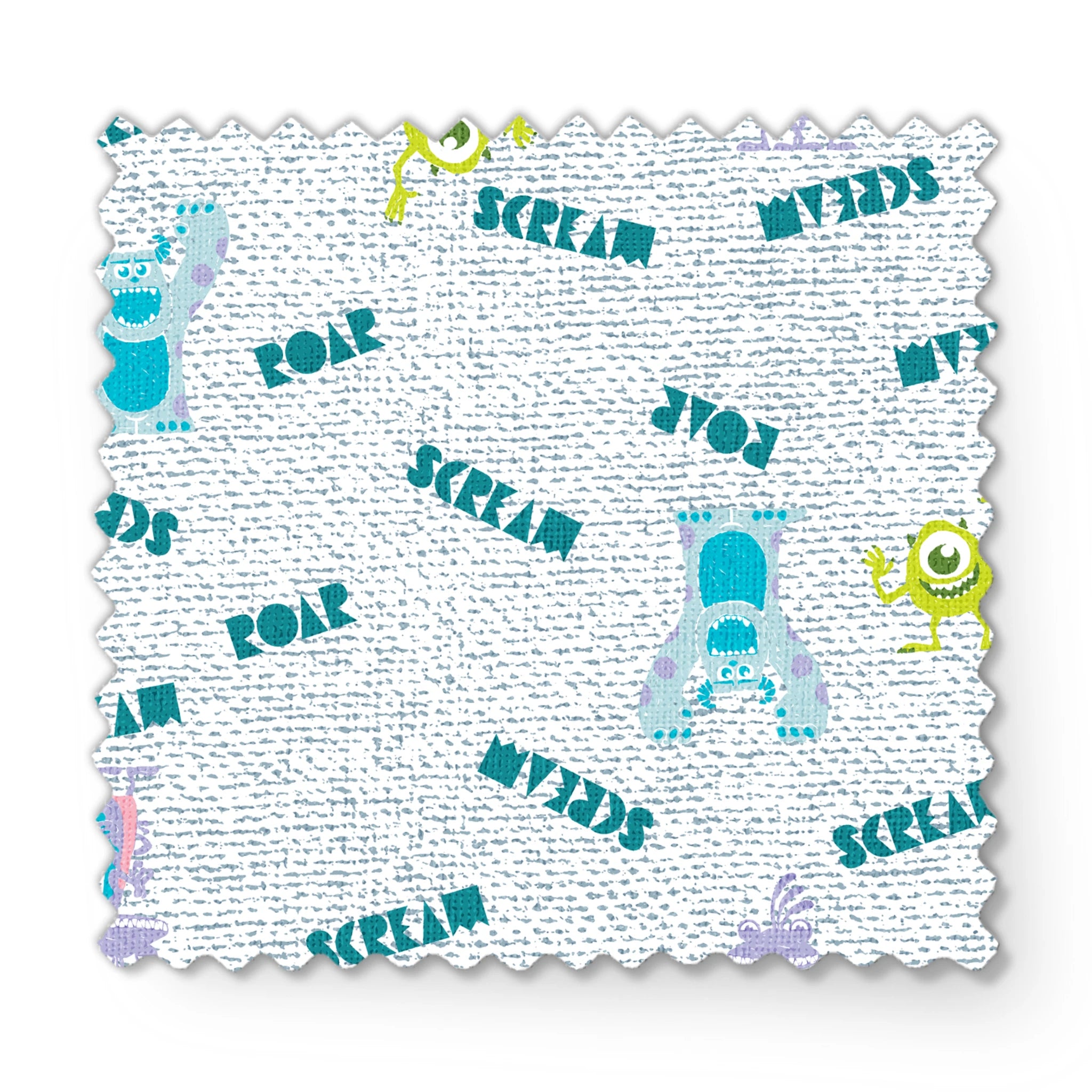 Monsters Inc pattern with teal "SCREAM" text, Mike Wazowski and Sulley on light textured background fabric swatch mockup
