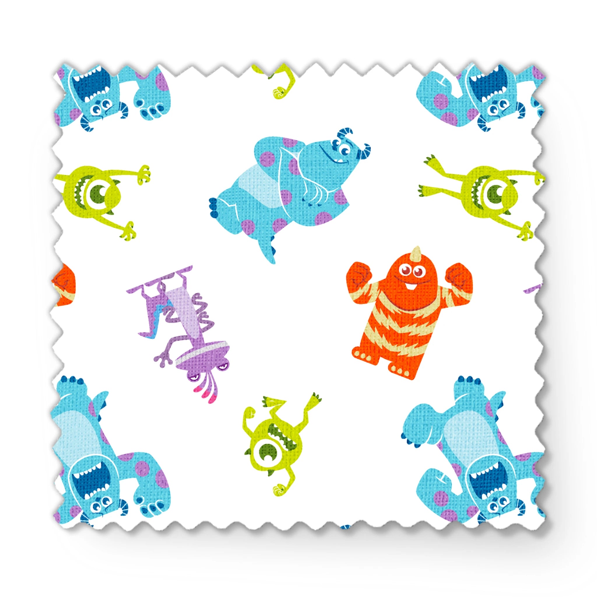 Cartoon monsters pattern with colorful characters - blue, green, purple and orange creatures on white background fabric swatch mockup