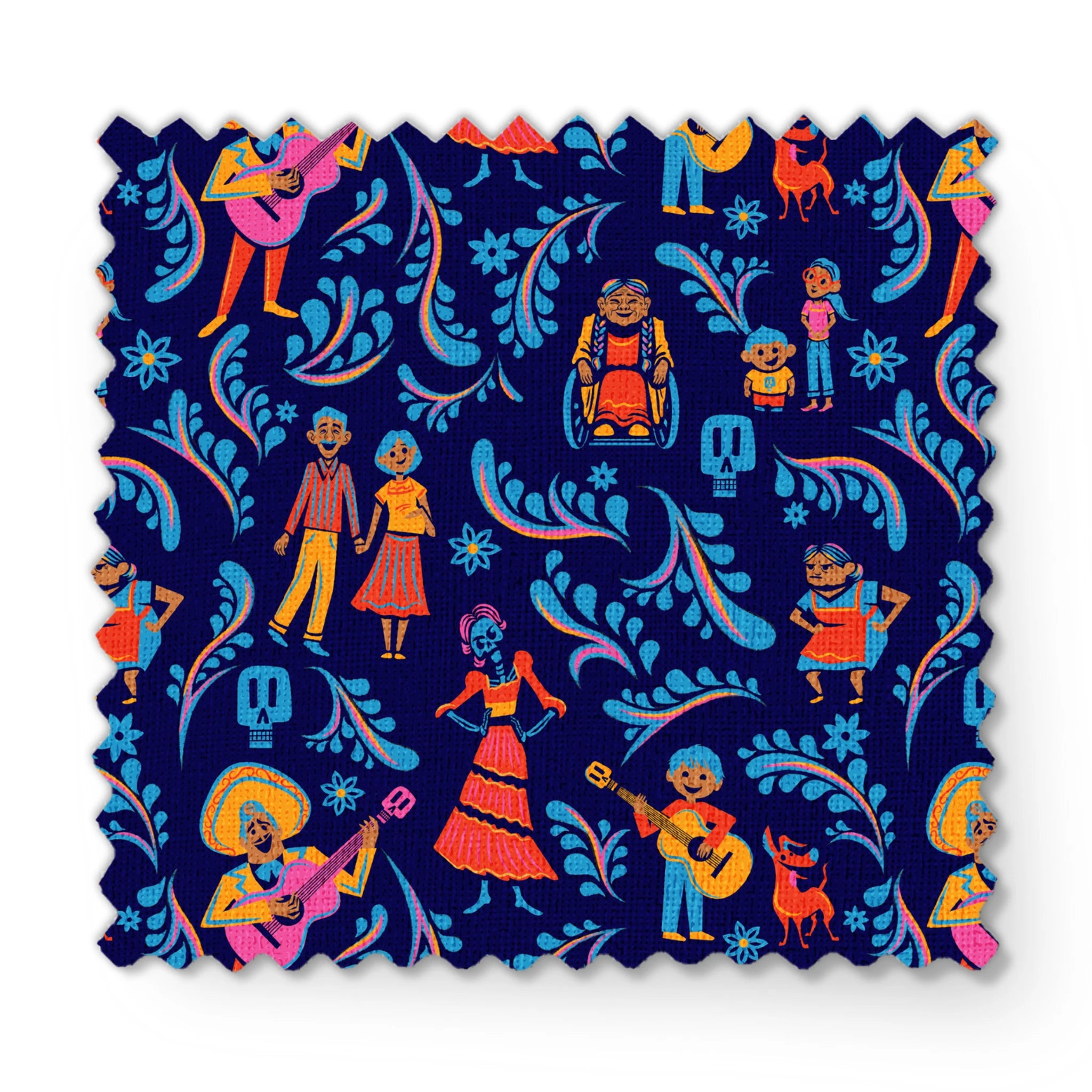 Colorful Coco folk art pattern with figures playing guitars, dancing, and blue skulls on dark background fabric swatch mockup