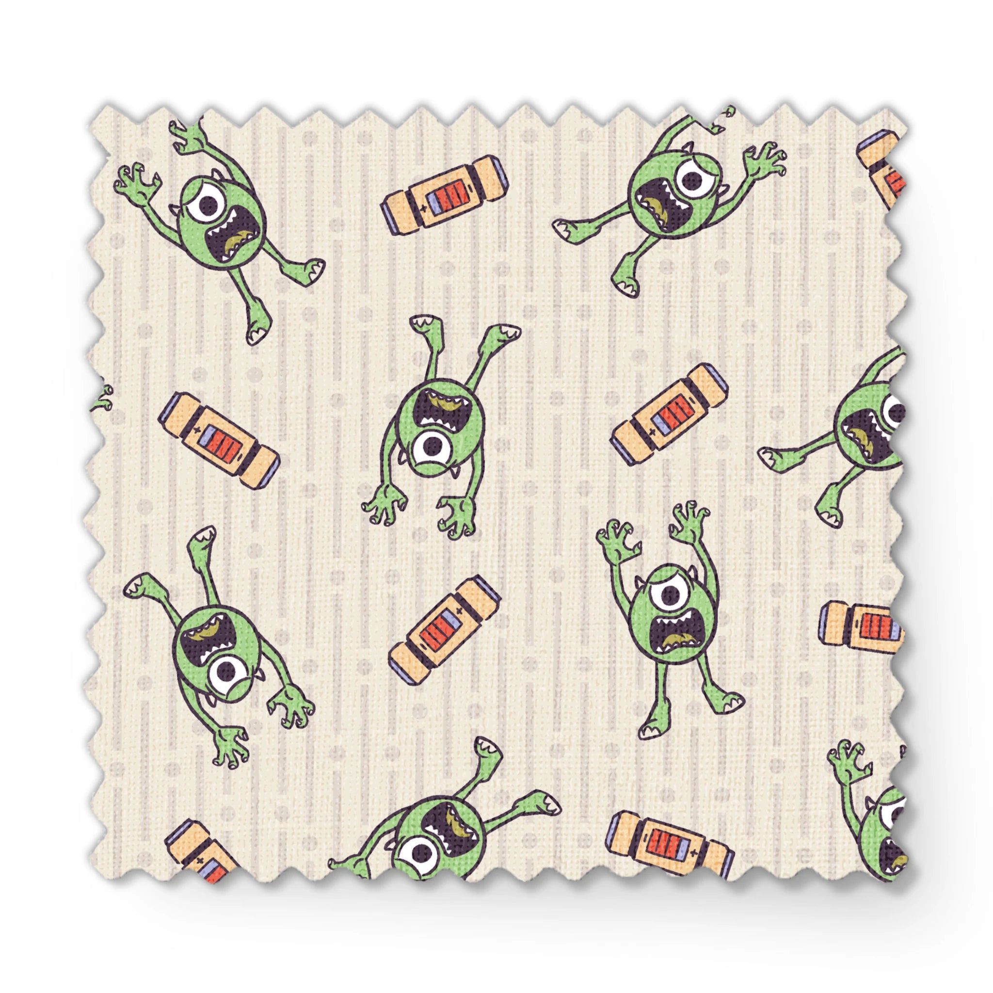 Cartoon Mike Wazowski pattern on light striped background fabric swatch mockup