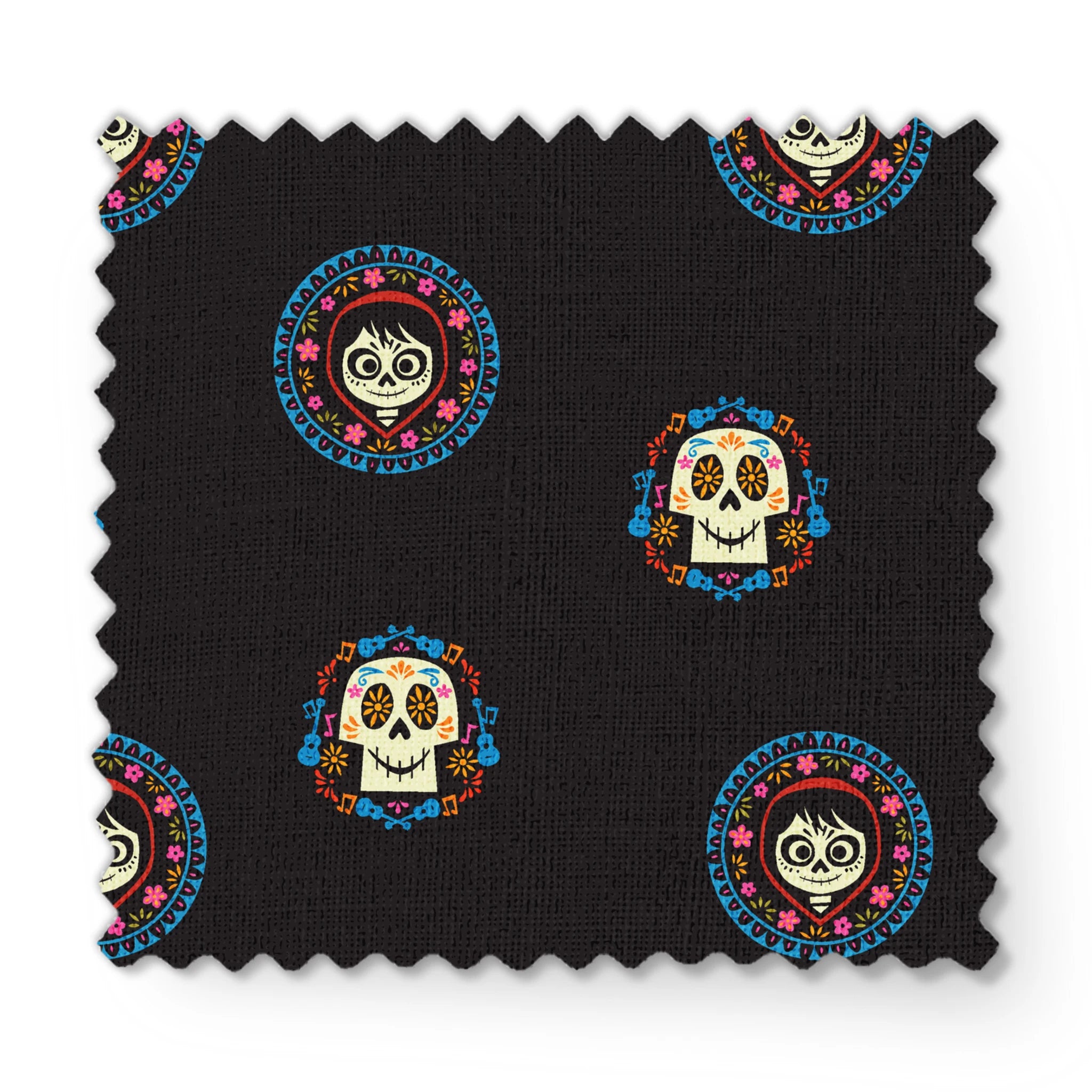 Colorful Coco sugar skull pattern with decorative circular borders on black background fabric swatch mockup
