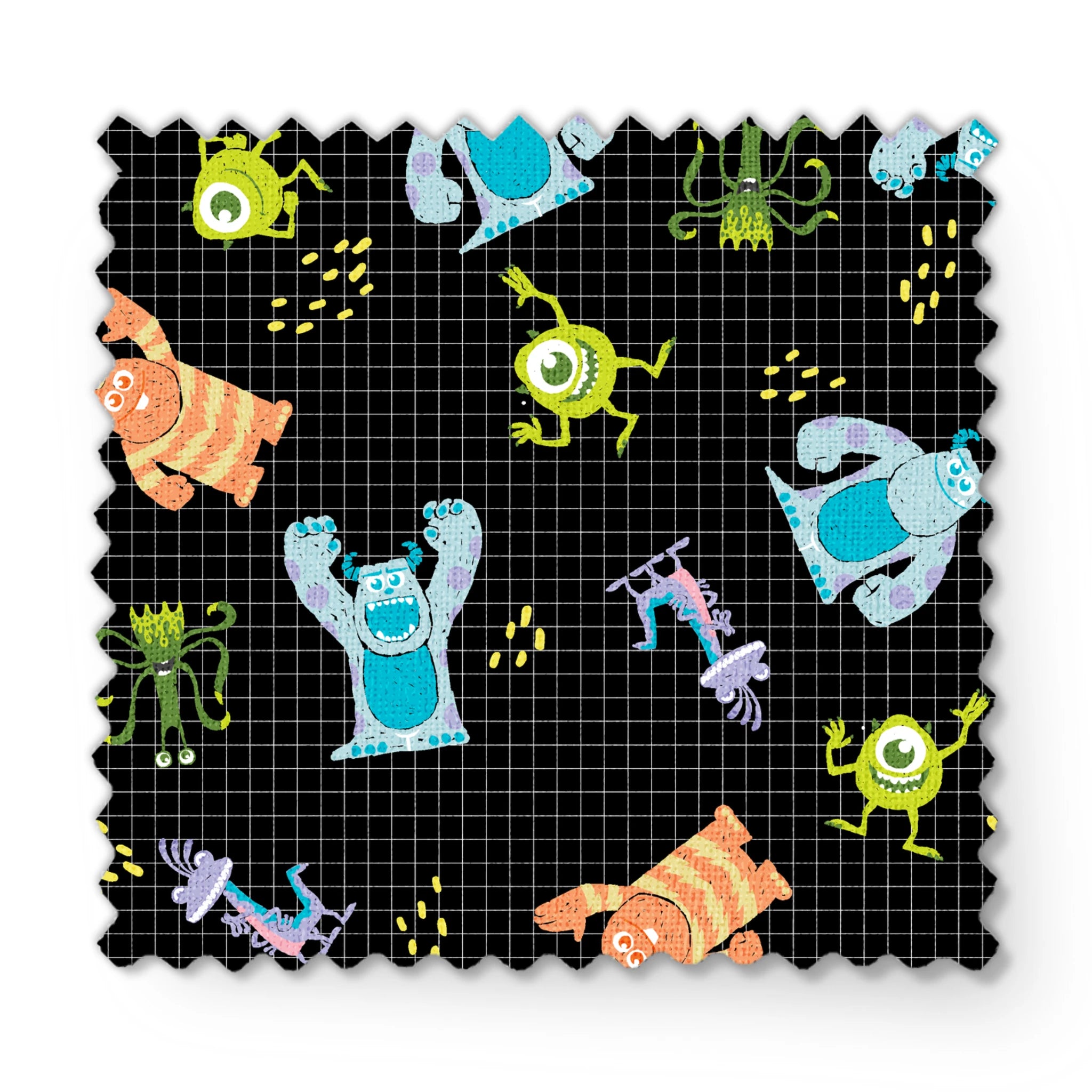 Monsters Inc pattern with Sulley, Mike, & friends on black grid background fabric swatch mockup