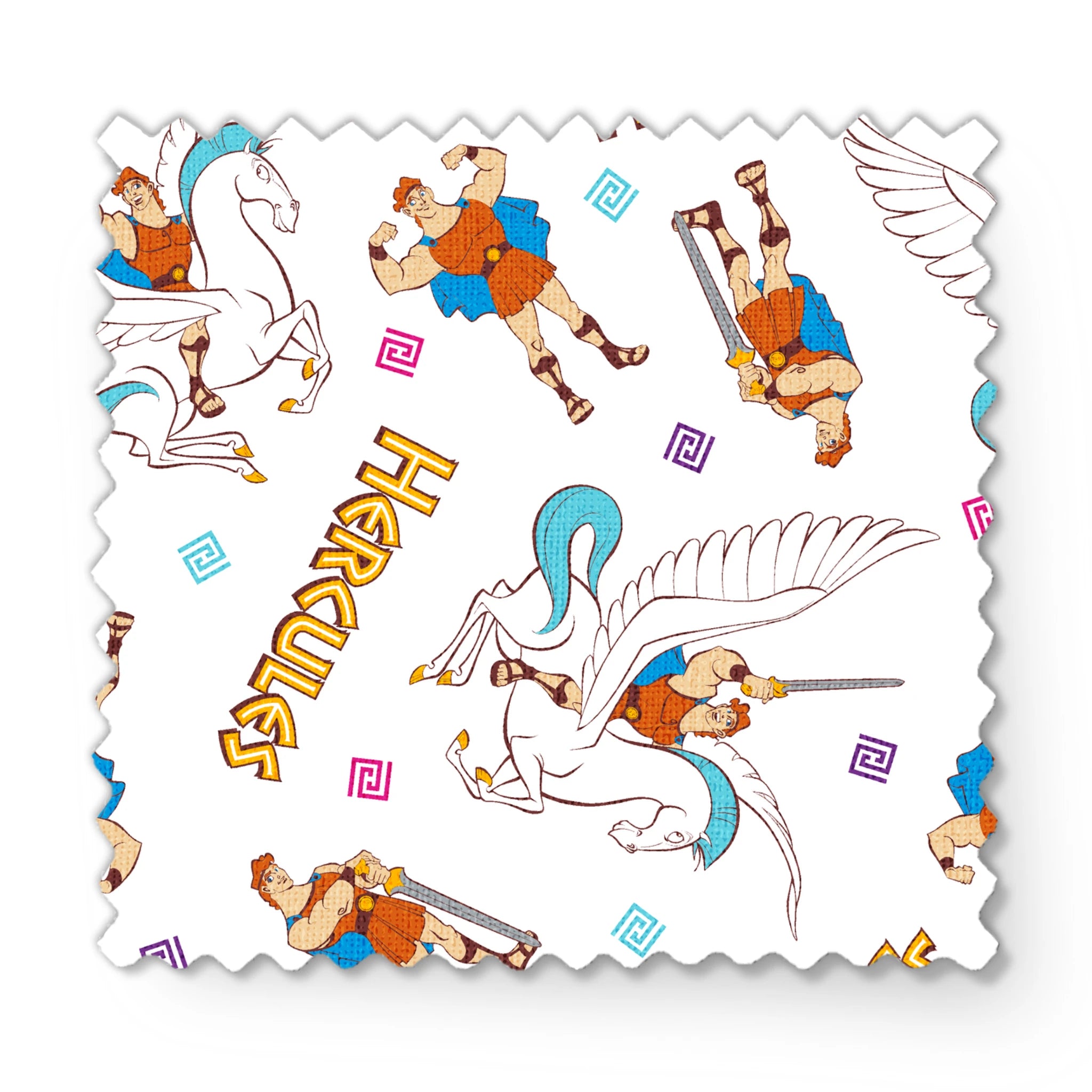 Cartoon pattern of Hercules characters with Pegasus, swords, and "HERCULES" text on white background fabric swatch mockup