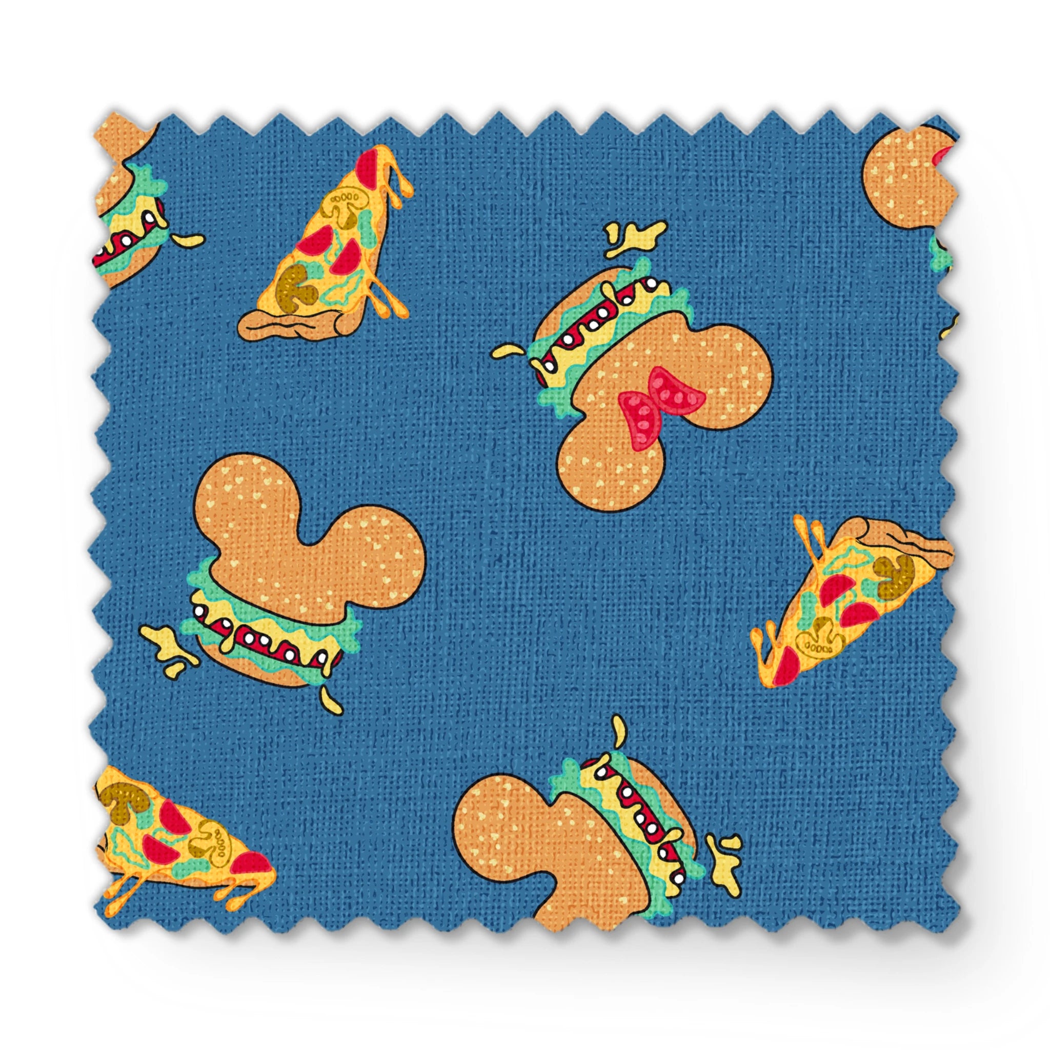Pattern of Disney-inspired food items - hot dogs and pizza slices on blue background fabric swatch mockup