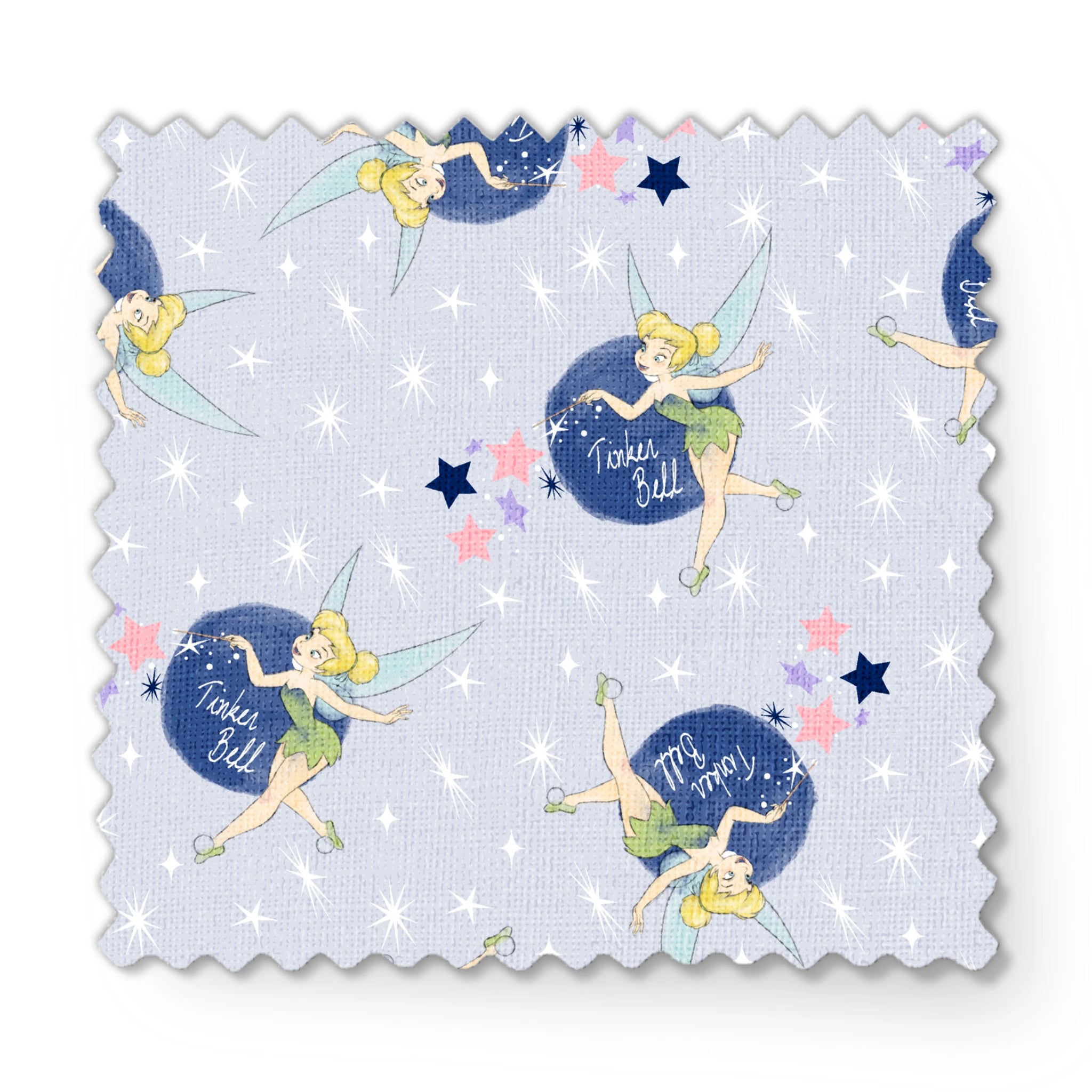 Tinker Bell pattern with the iconic fairy flying around blue moons and stars on a light gray background fabric swatch mockup
