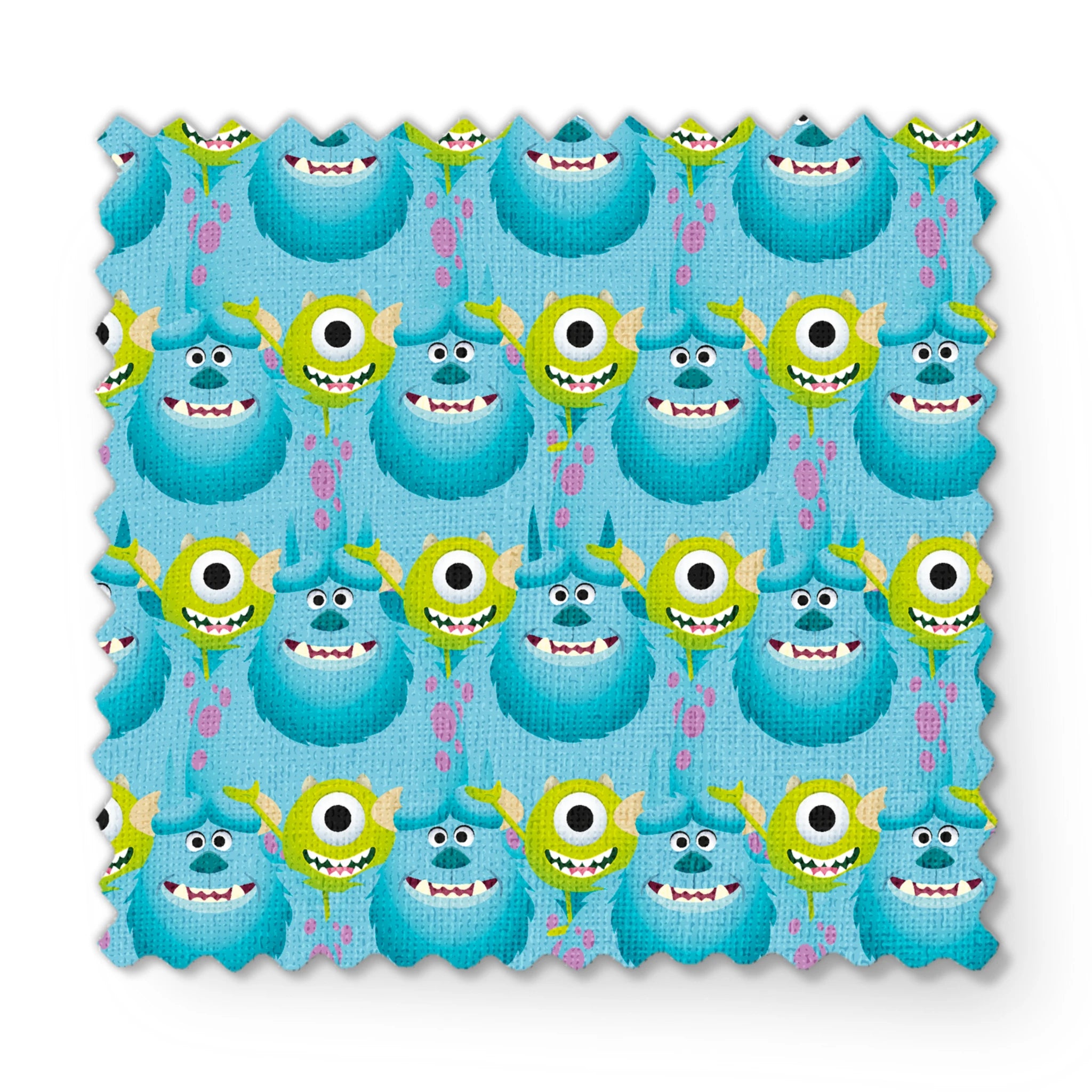 Repeating pattern of Monsters Inc characteres - Mike & Sulley on light blue background. fabric swatch mockup