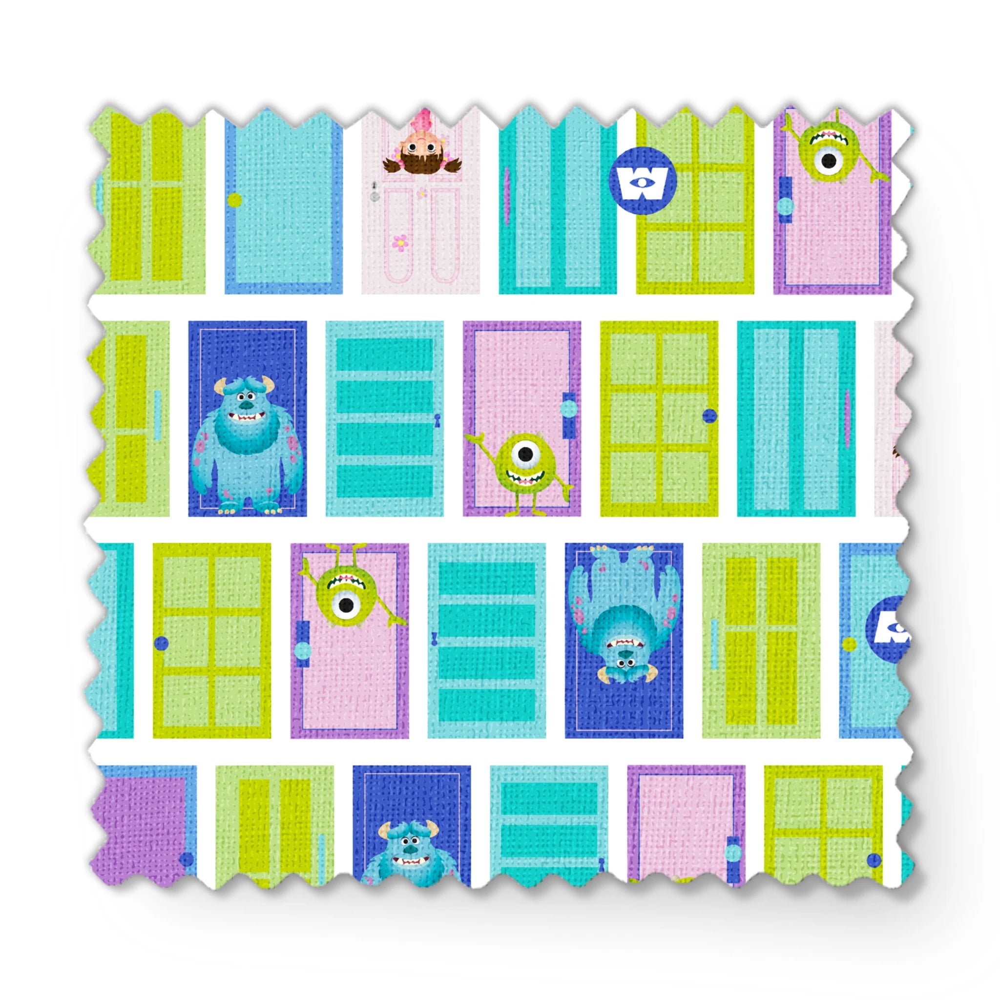 Colorful cartoon monster doors pattern inspired by Monsters Inc. with teal, purple, and green doors fabric swatch mockup