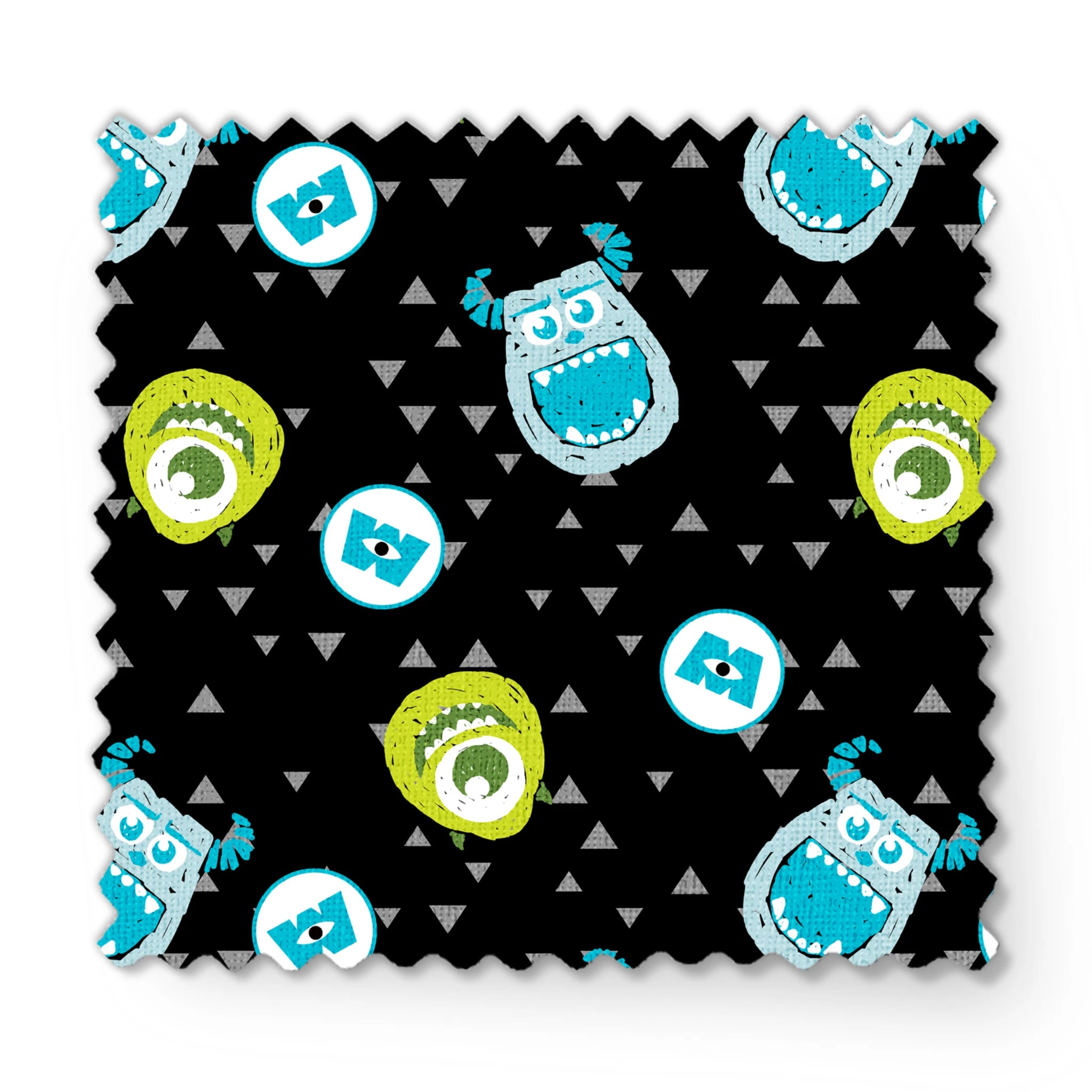 Monsters Inc pattern with Mike and Sulley on black background with gray triangles fabric swatch mockup