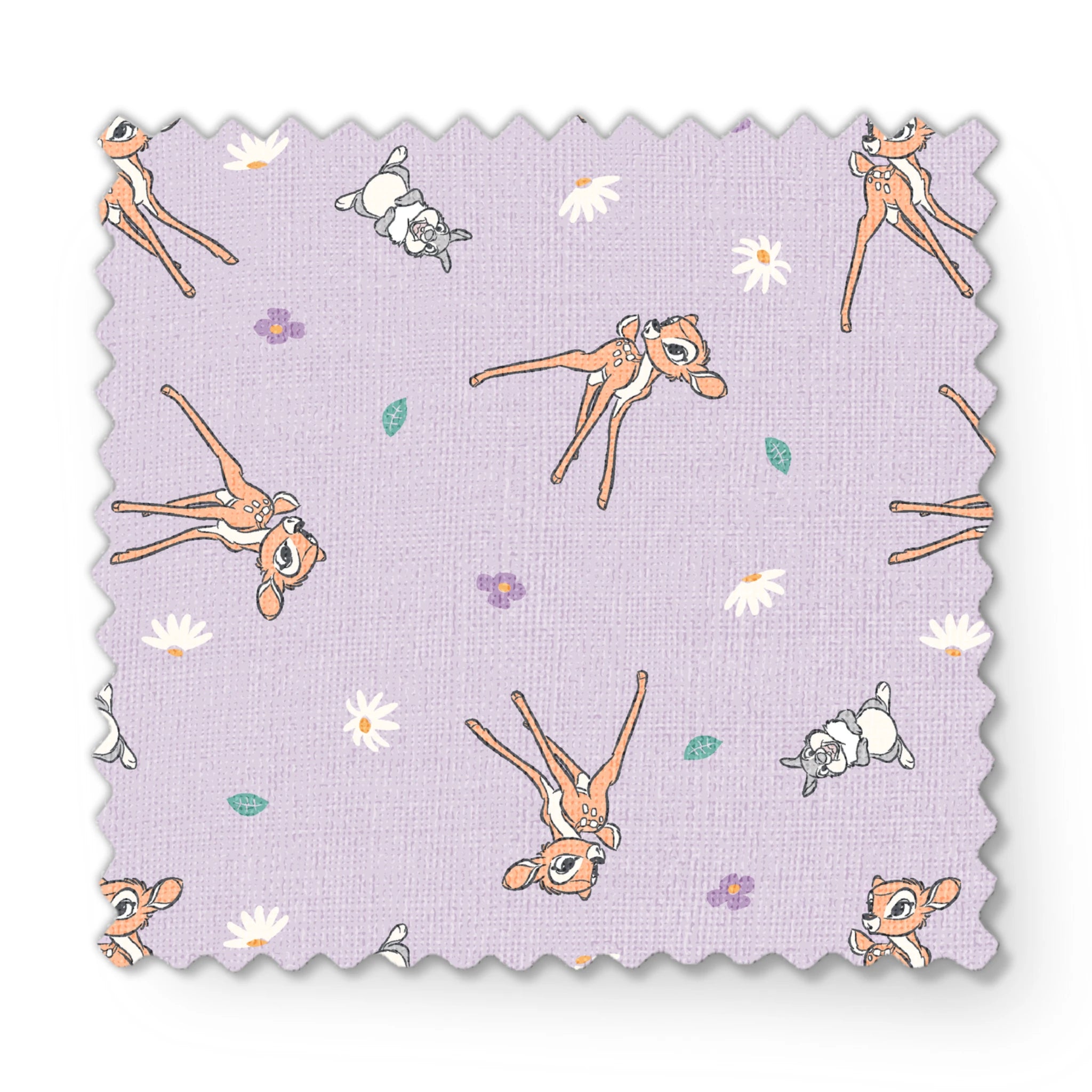 Seamless pattern of cartoon deer and bunnies with daisies and small flowers on lavender background fabric swatch mockup