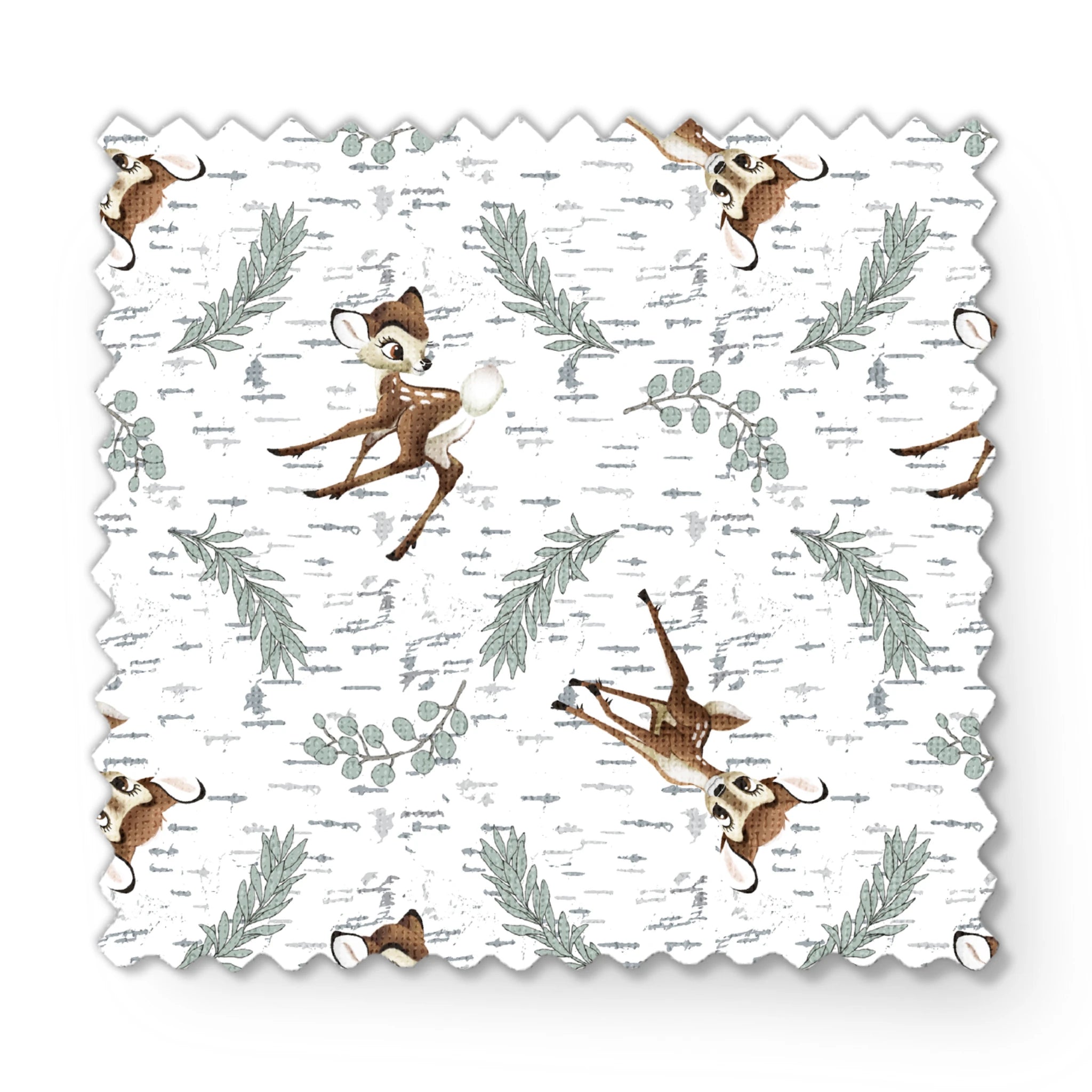 Disney’s Bambi surrounded by sage green sprigs, leafy branches, and birch bark textures on a white background in a woodland-themed scattered repeat. fabric swatch mockup