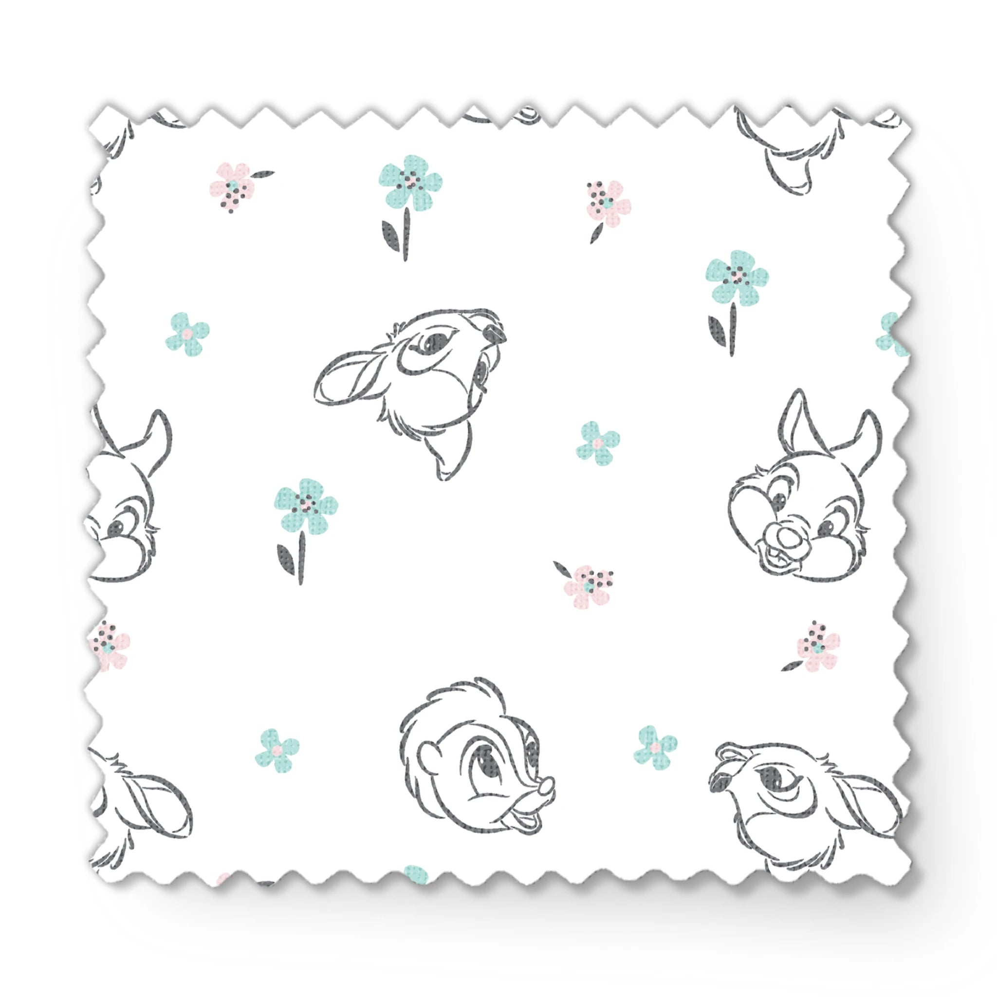 Sketch-style animals from Disney Bambi with pastel flowers on a white background. fabric swatch mockup