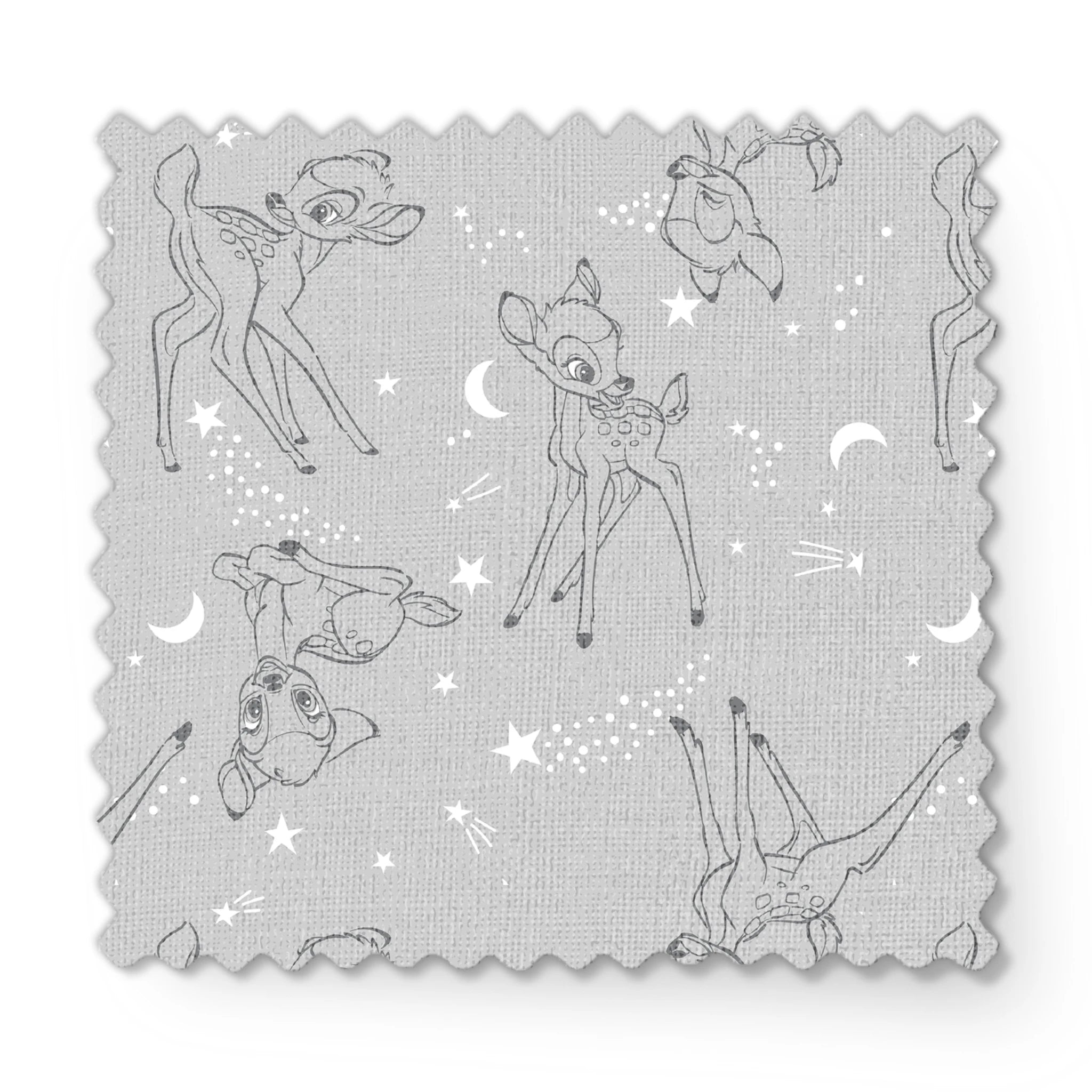Line art illustrations of Disney’s Bambi surrounded by stars, moons, and stardust trails on a soft gray background in a scattered repeat. fabric swatch mockup