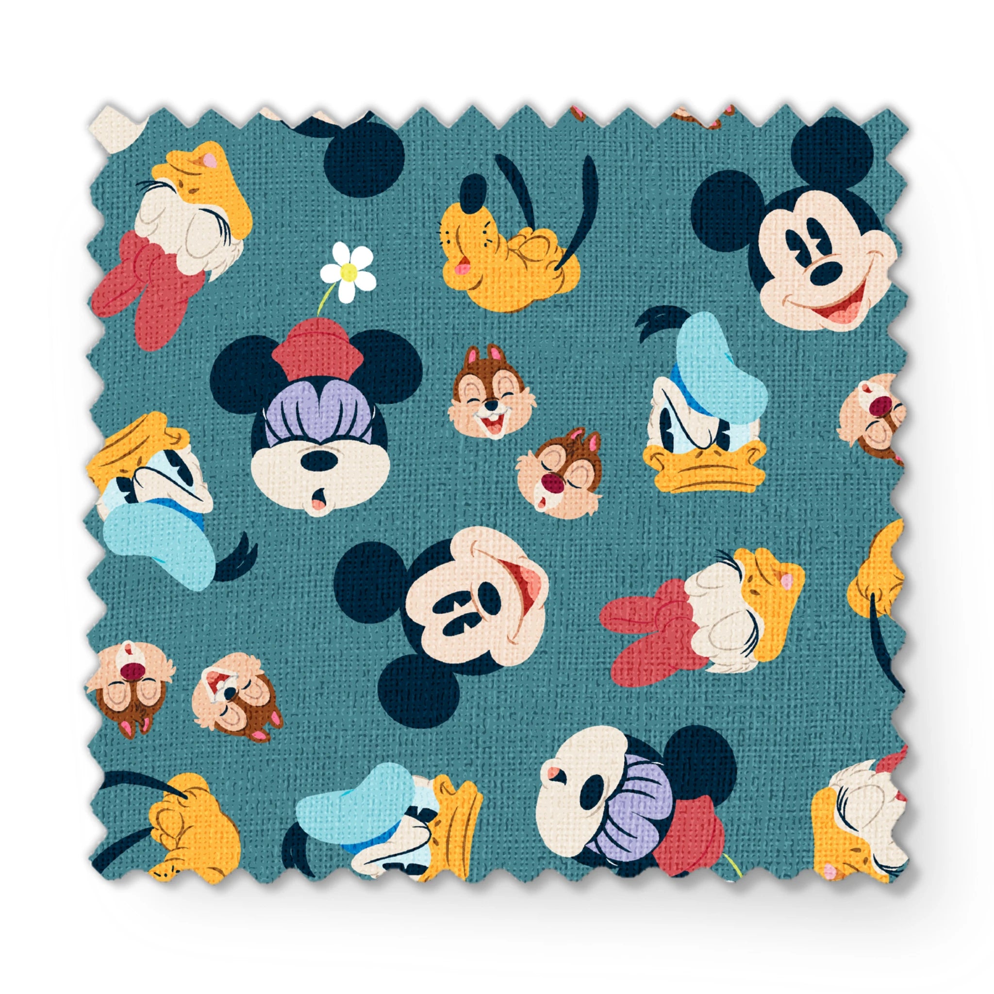 Disney cartoon characters pattern with Mickey Mouse, Donald Duck, and Pluto on teal background with small flowers fabric swatch mockup