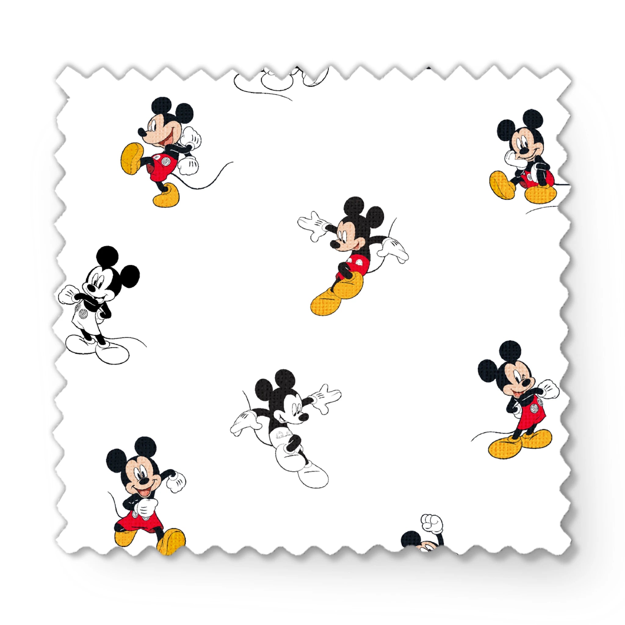 Repeating pattern of Mickey Mouse cartoon characters in various poses on white background fabric swatch mockup