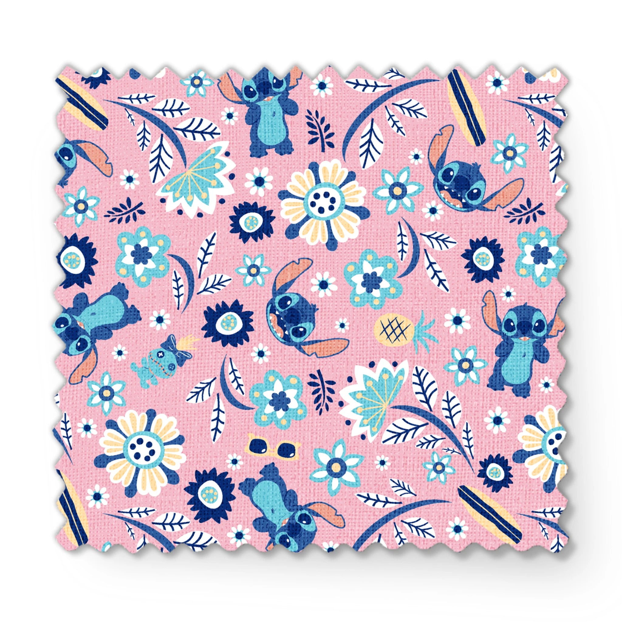 Floral pattern with Disney's Stitch, white daisies, and mint green accents on pink background fabric swatch mockup