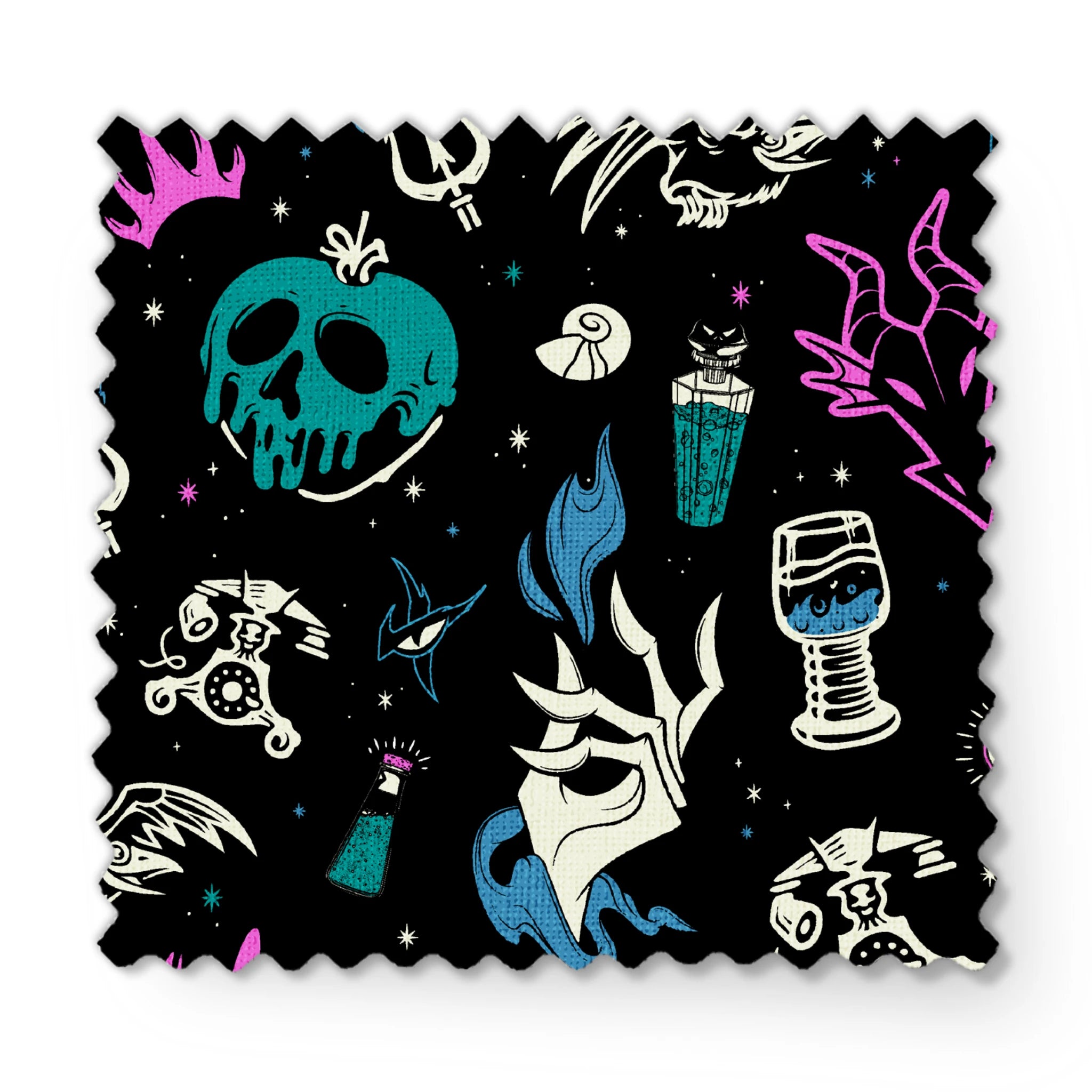 Gothic pattern with Disney villain-inspired icons like skulls, potions, and flames in teal, purple, and blue on black background. fabric swatch mockup