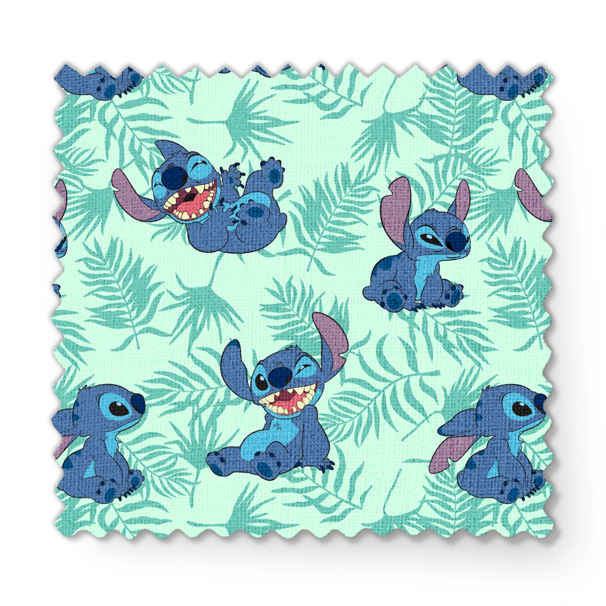 Blue cartoon alien character Stitch in various playful poses against mint green tropical leaf pattern background fabric swatch mockup