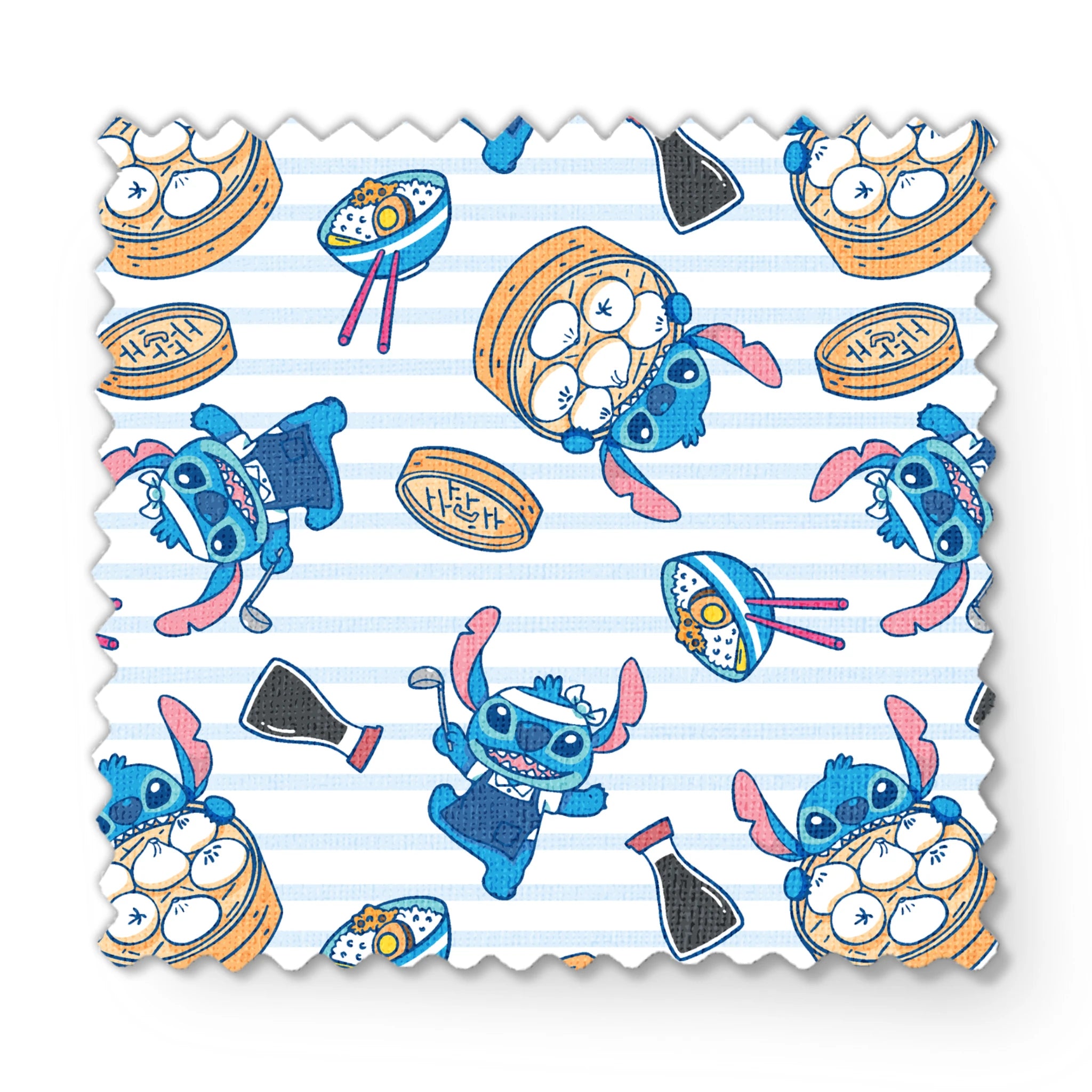 Cartoon Stitch with Chinese dim sum and dumplings on light blue striped background fabric swatch mockup