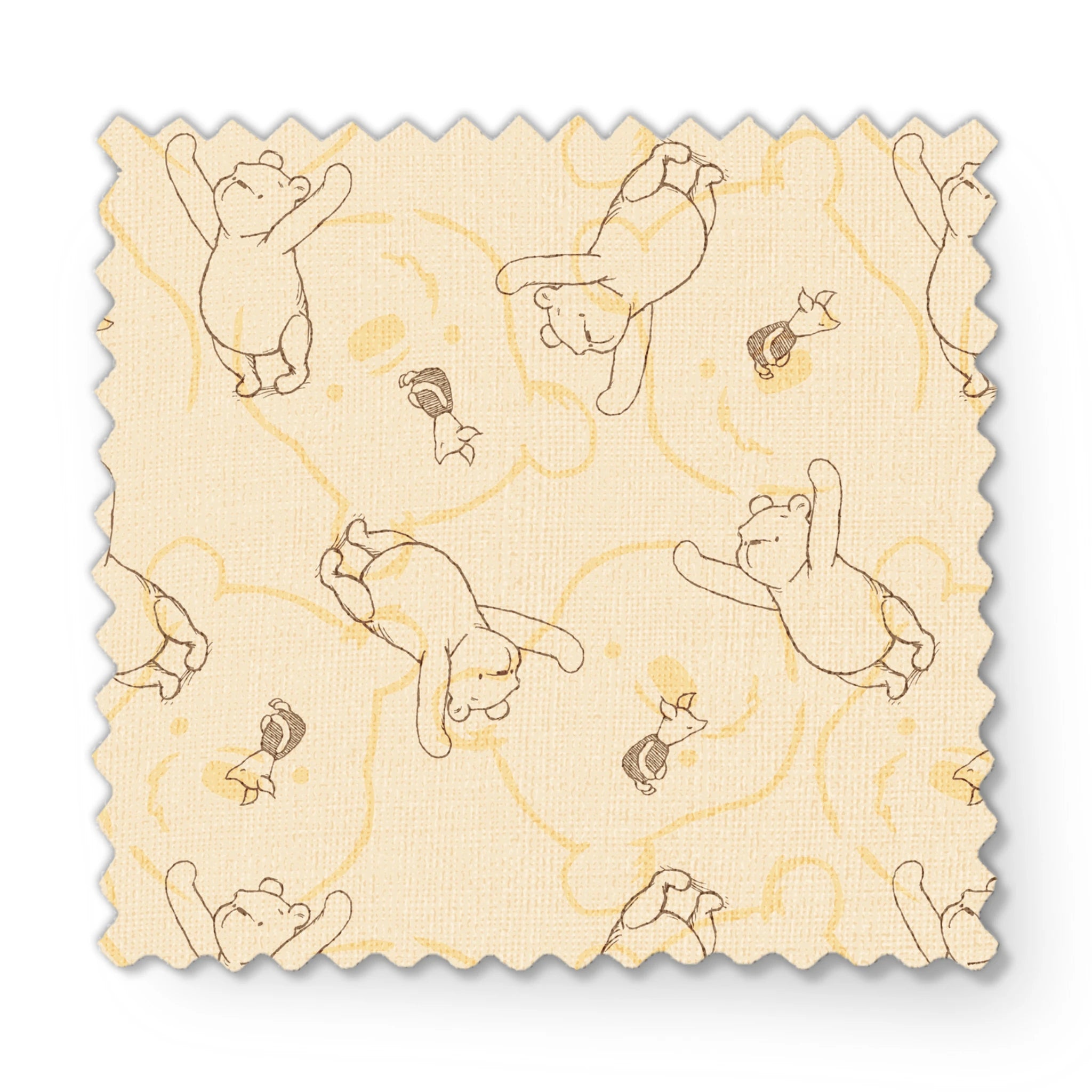 Sketched bear illustrations in various playful poses on a light beige background pattern fabric swatch mockup