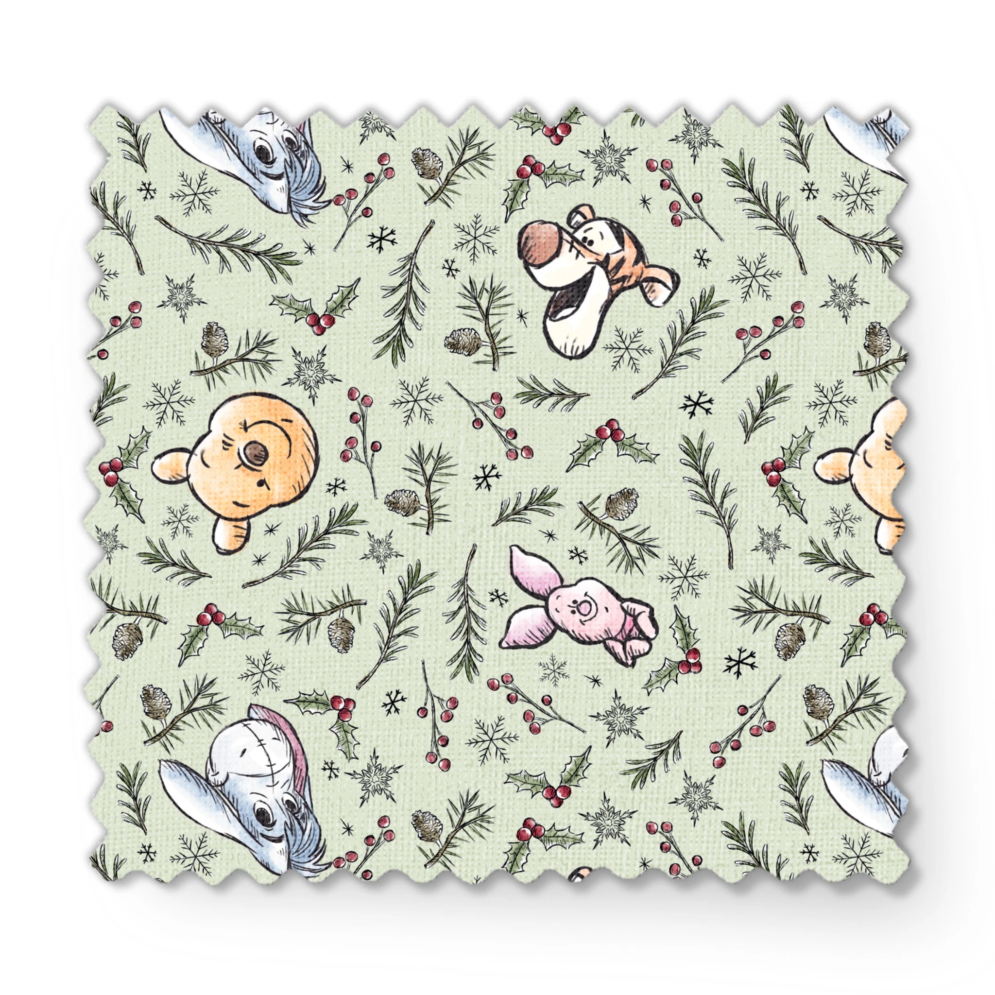 Whimsical holiday pattern with cartoon animals, pine branches, berries, and snowflakes on mint green fabric swatch mockup
