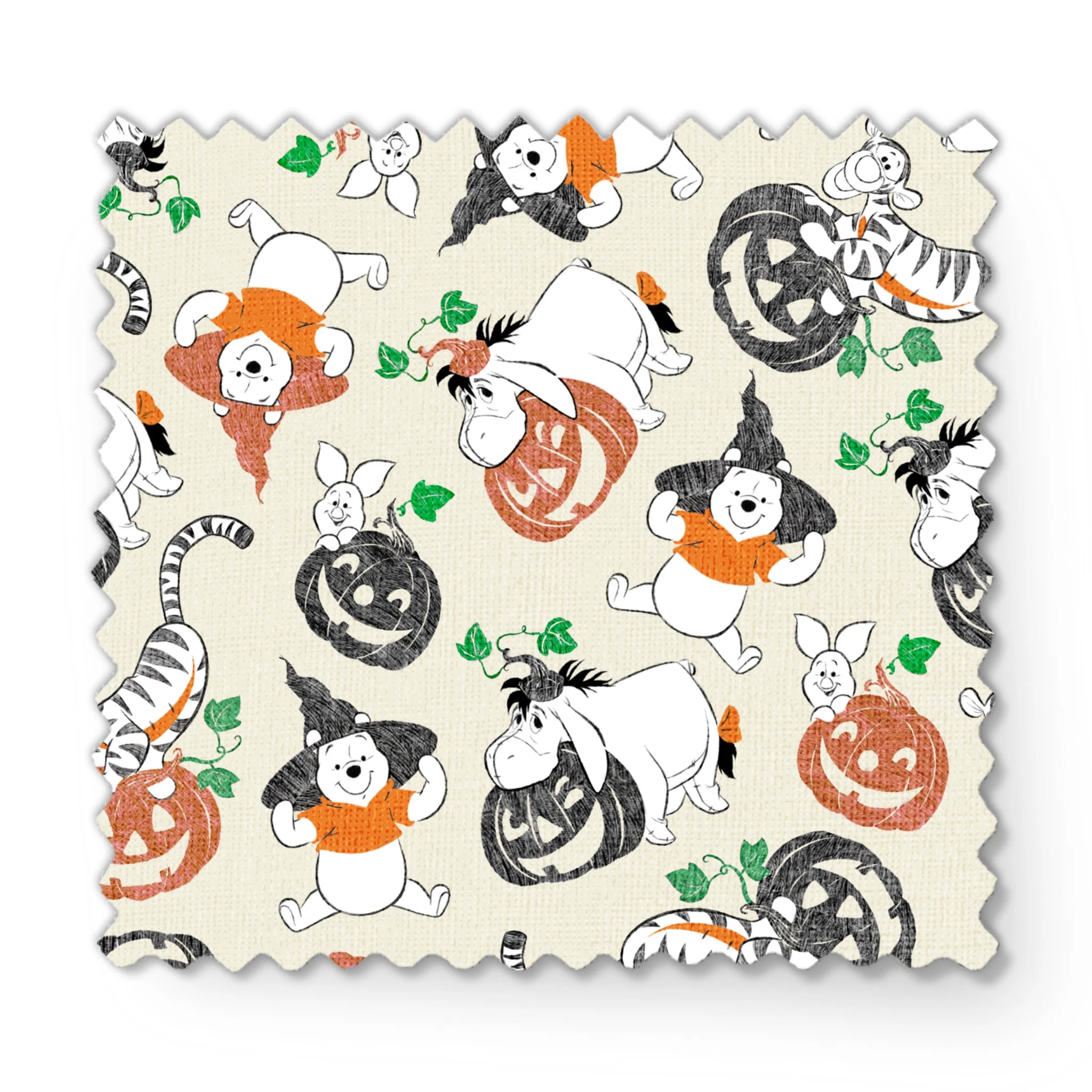 Whimsical Halloween pattern with cartoon ghosts, pumpkins, cats, and bears on cream background fabric swatch mockup