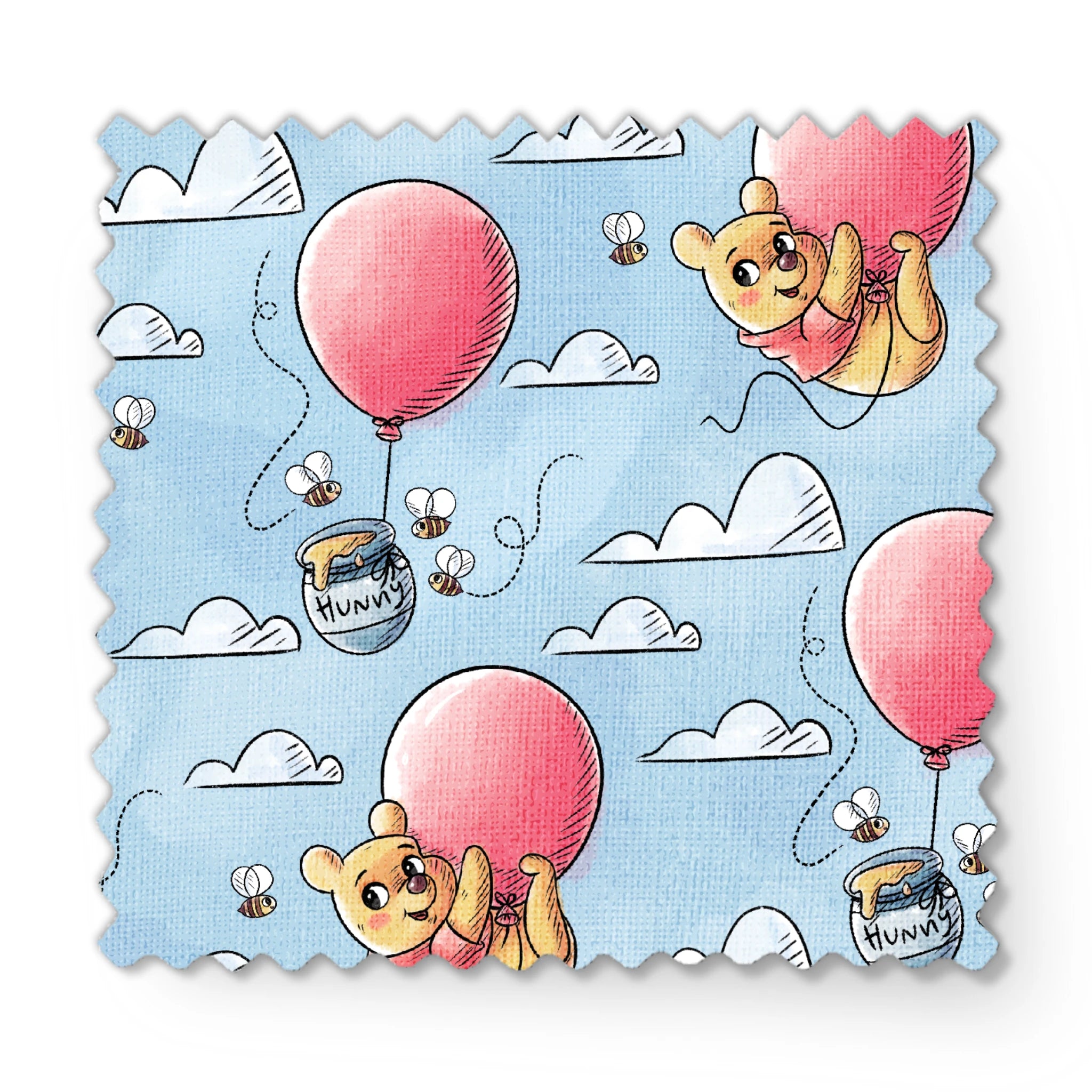 Cute yellow bear characters floating with pink balloons and honey pots against a blue sky with cl... fabric swatch mockup