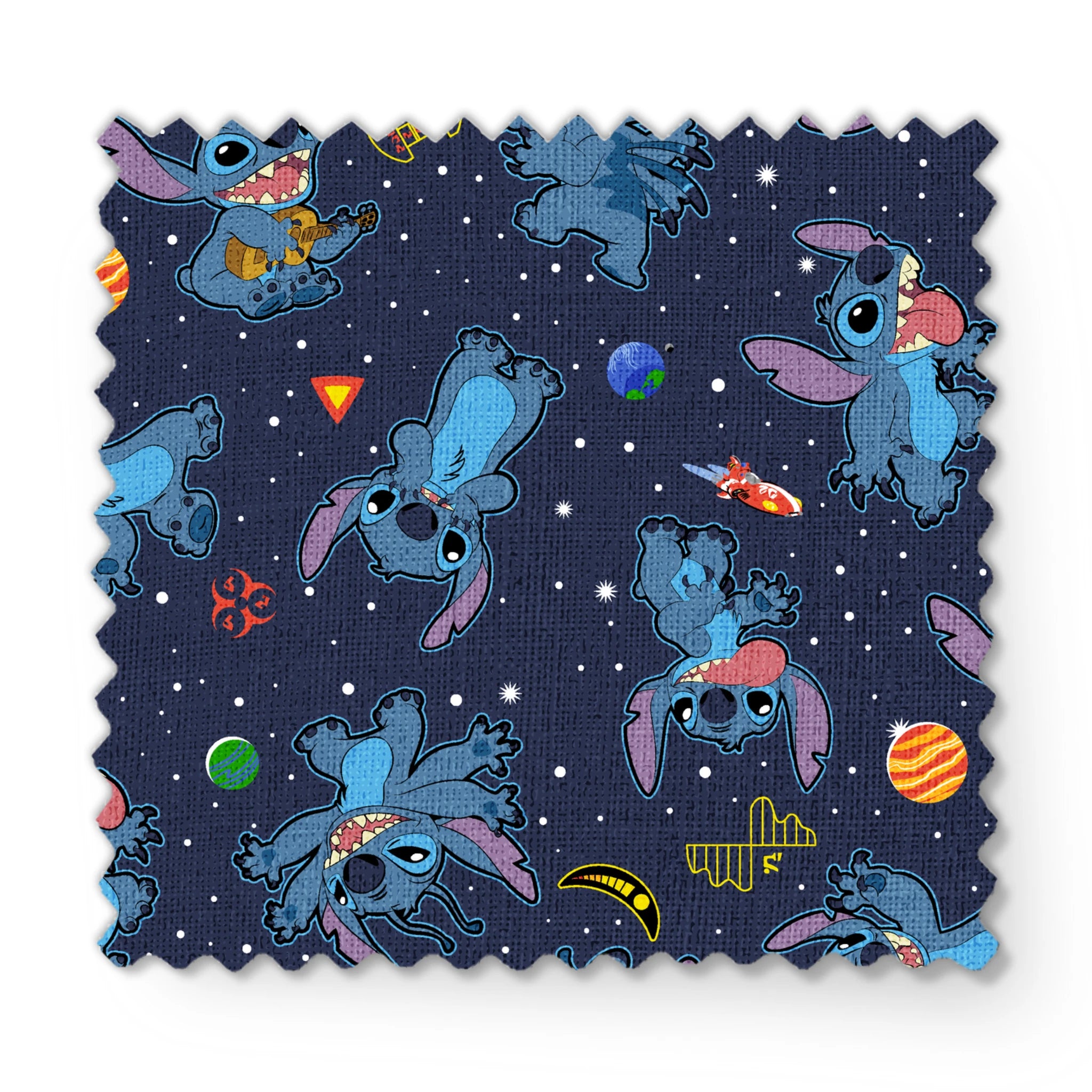 Disney's Stitch floating in space with planets, stars, and spaceships on dark background pattern fabric swatch mockup