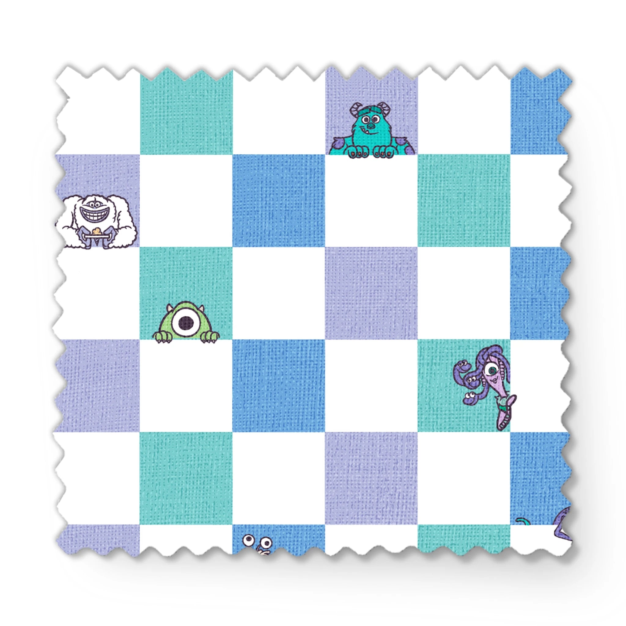 Monsters Inc characters on a checkered pattern of white, mint green, light purple, and blue squares fabric swatch mockup