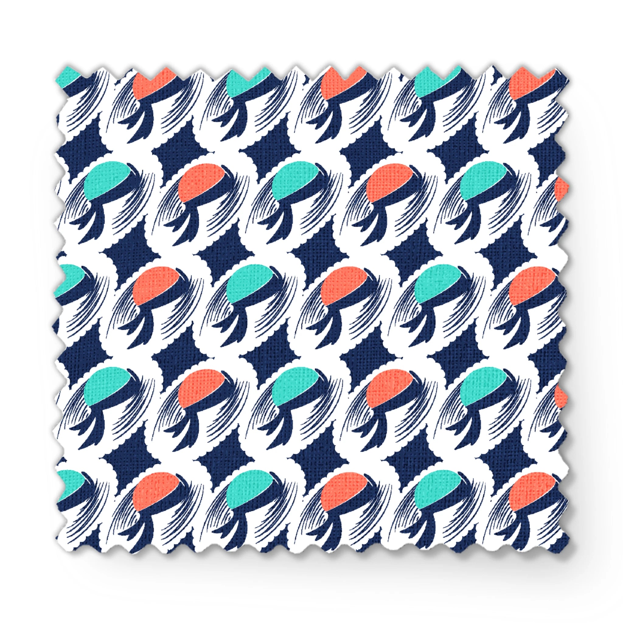 Abstract pattern with repeating mint green and coral circular shapes on navy background with white brushstroke details fabric swatch mockup