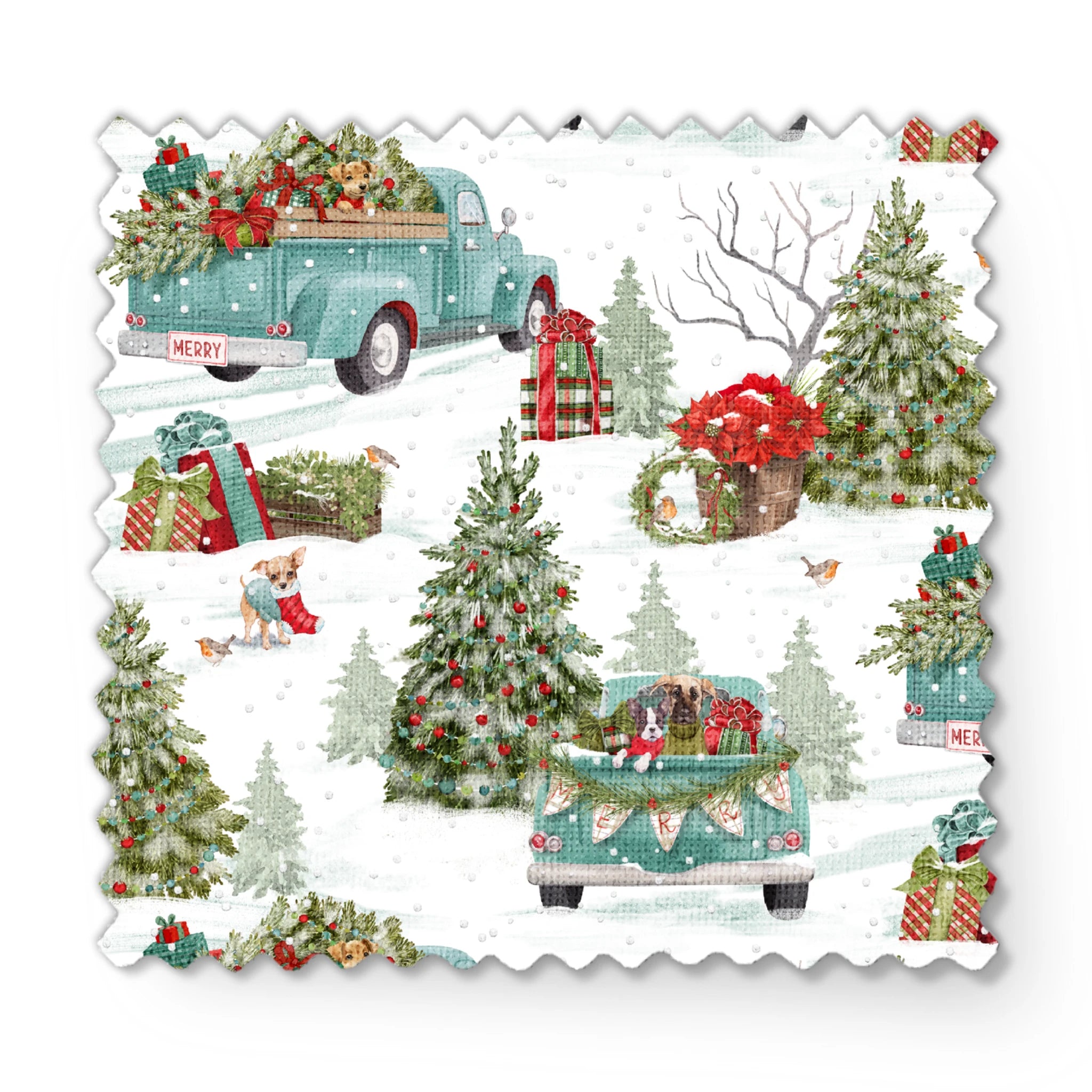 Vintage-style holiday fabric by Nicole Tamarin featuring teal trucks with Christmas trees, dogs, snow, and gifts in a festive winter landscape. fabric swatch mockup