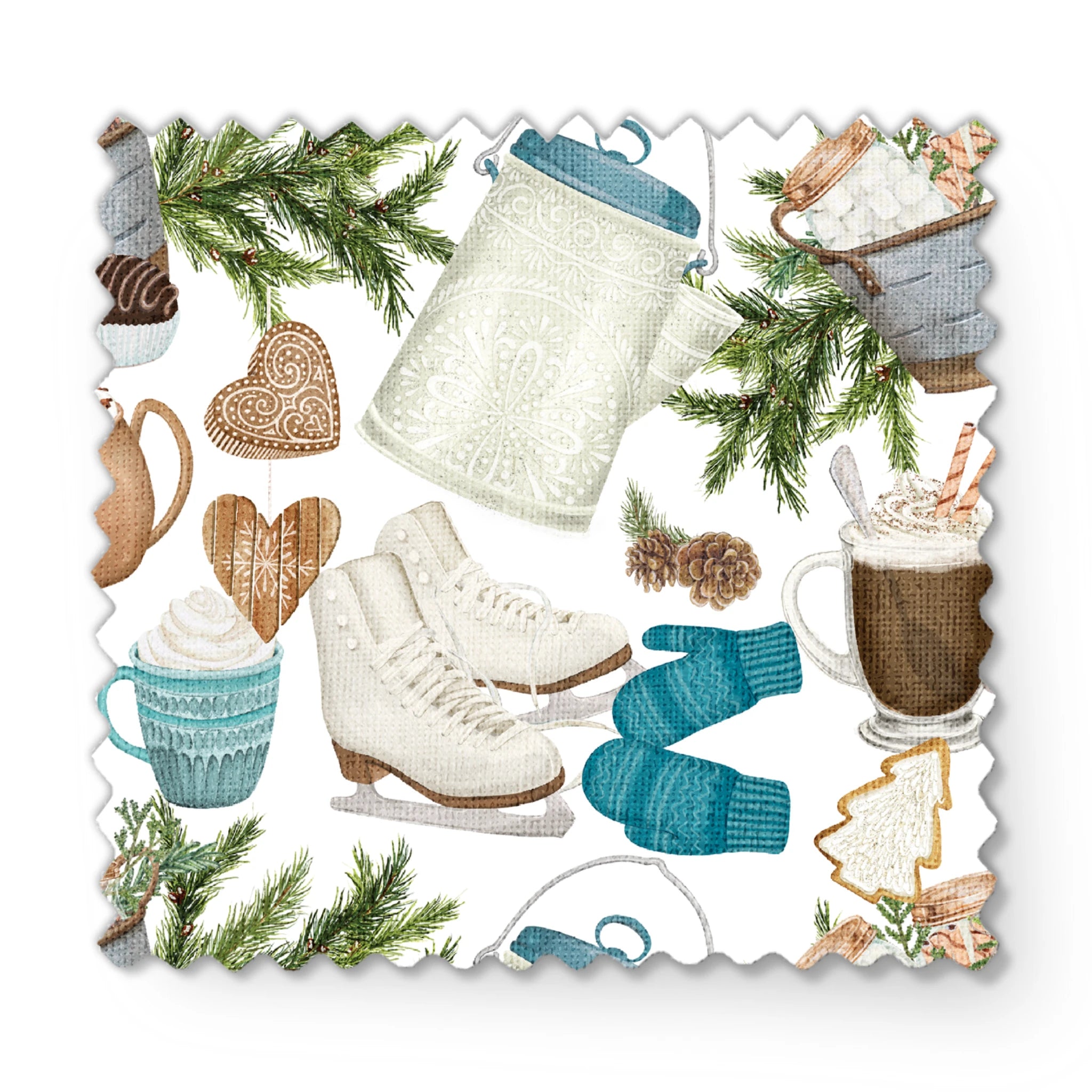 Winter-themed pattern featuring cocoa mugs, ice skates, mittens, pine branches, and holiday cookies in neutral and blue tones by Nicole Tamarin. fabric swatch mockup