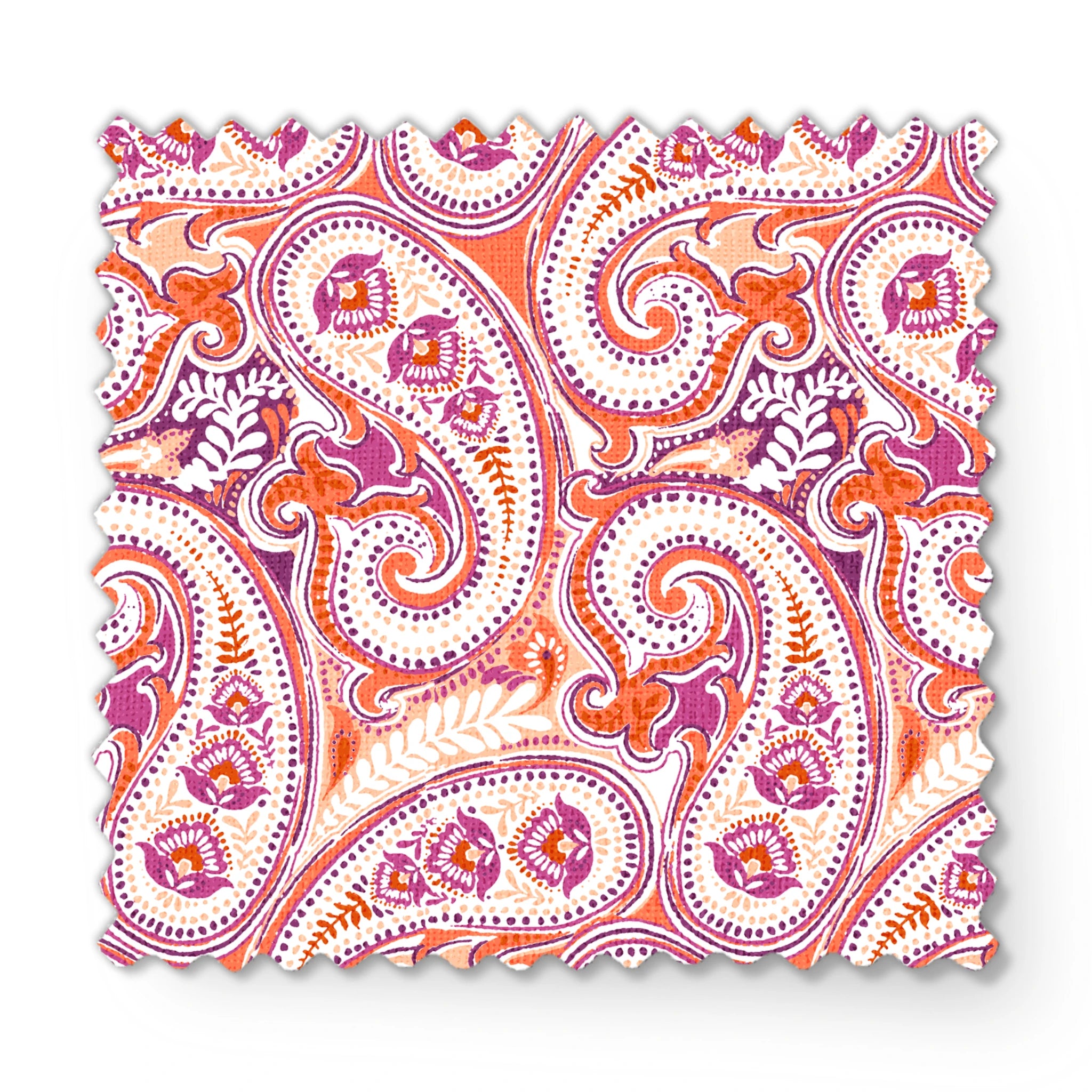 Vibrant paisley pattern in orange, pink and purple with swirling teardrop motifs and ornate details fabric swatch mockup