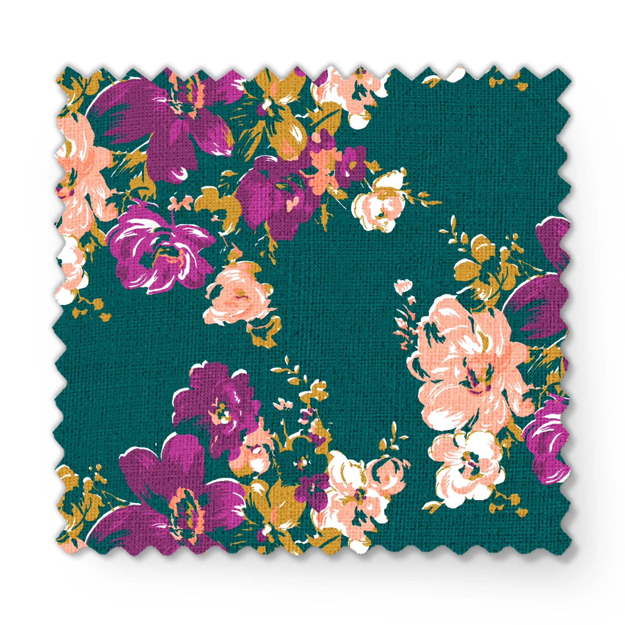 Vibrant floral pattern with purple and peach flowers on a deep teal background fabric swatch mockup