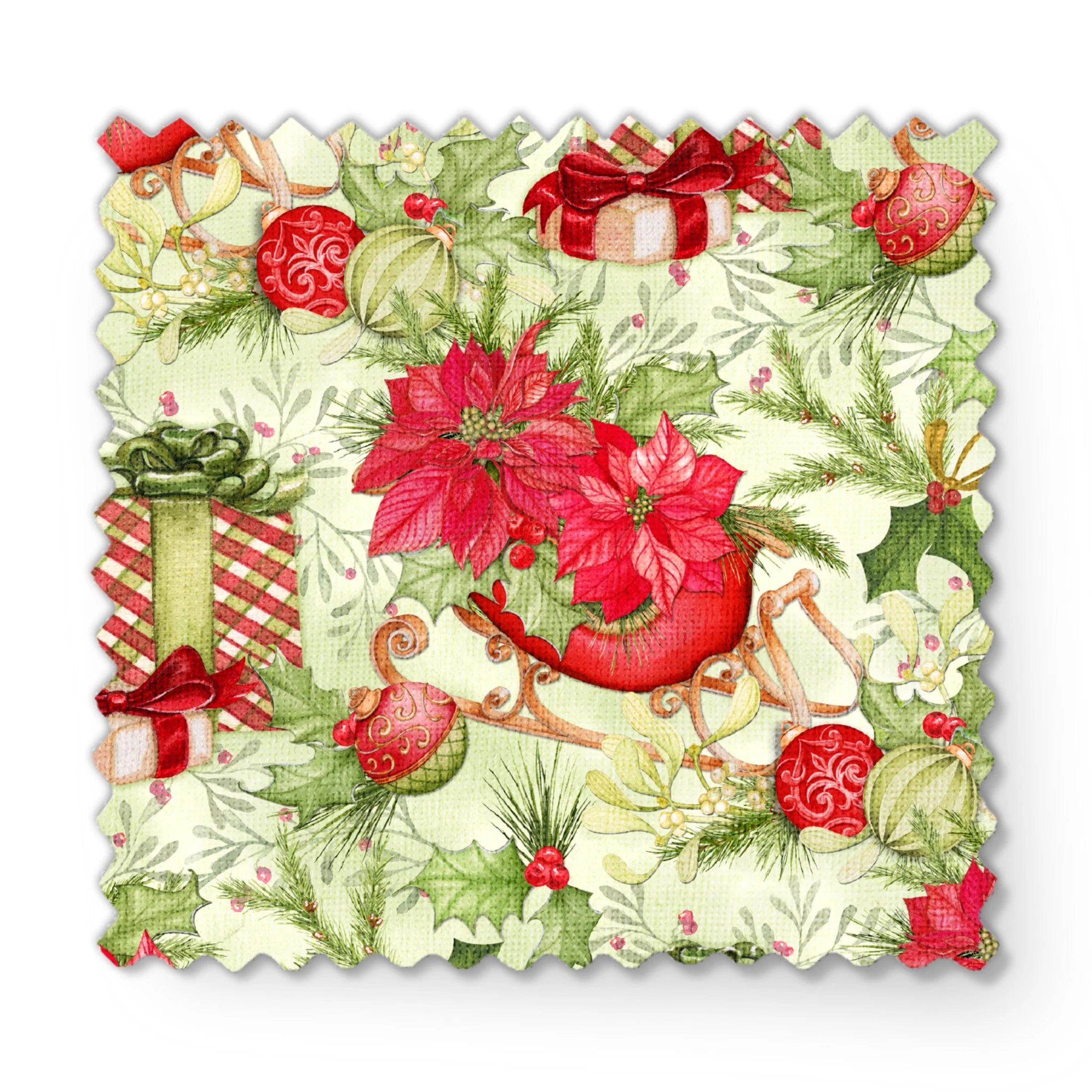 Christmas pattern with red poinsettias, vintage sleighs, wrapped gifts, holiday ornaments, and greenery in a festive toss by Nicole Tamarin. fabric swatch mockup