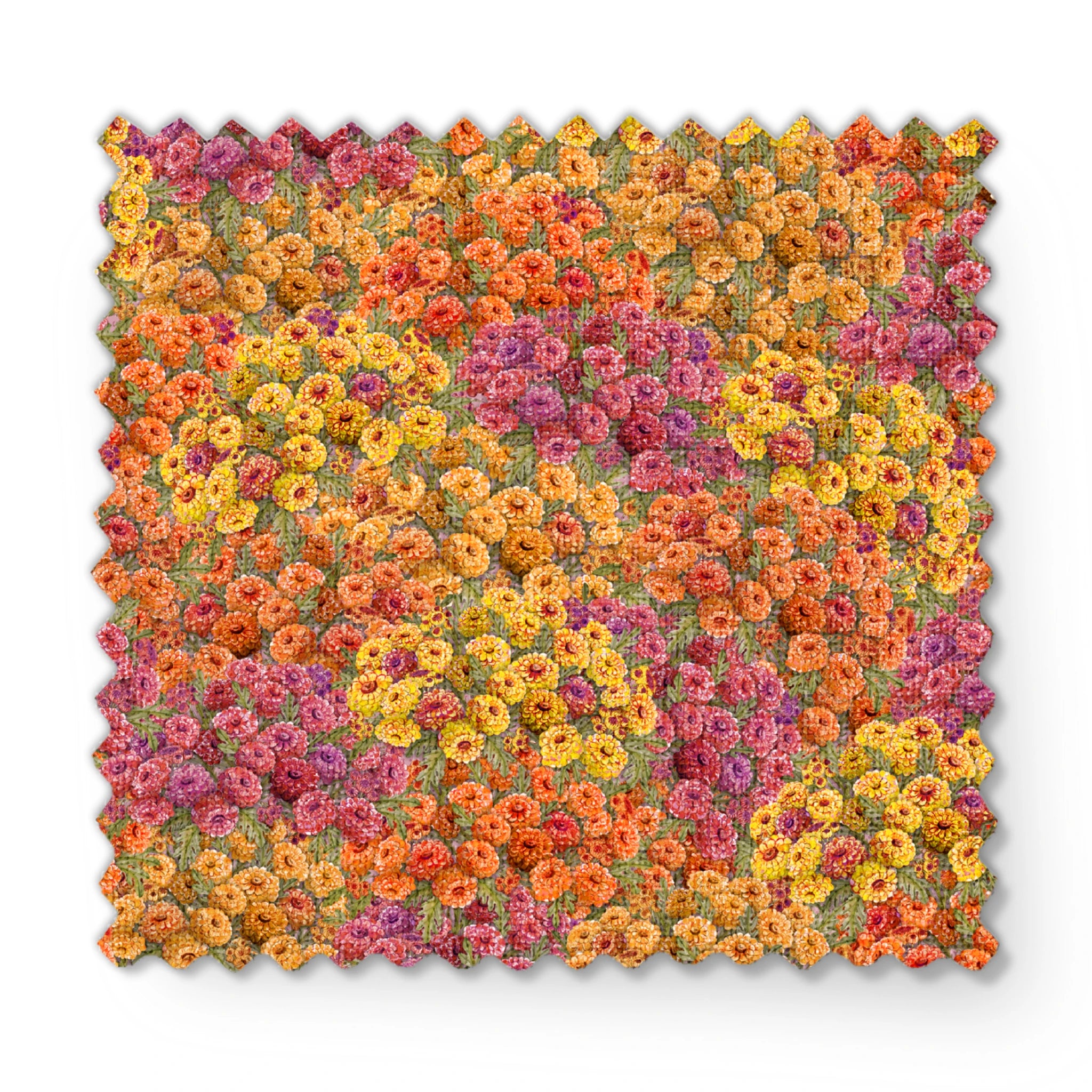 Dense floral fabric featuring orange, gold, pink, and plum zinnias in a packed all-over pattern by Nicole Tamarin. fabric swatch mockup